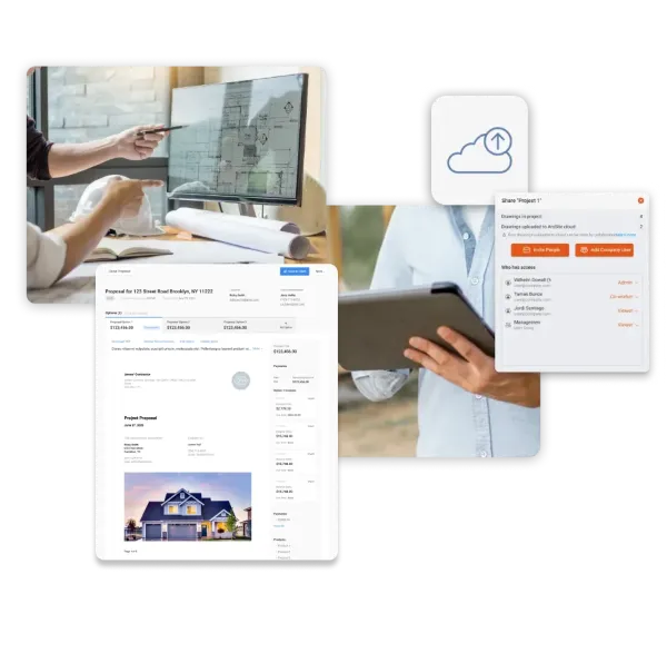Two people review architectural plans on a monitor while digital proposal and sharing interface appear.