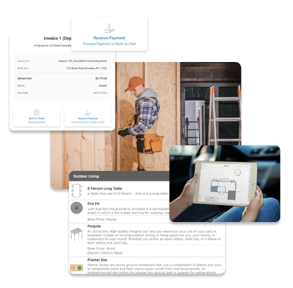 Construction worker in orange cap working indoors with digital invoice and outdoor living plan overlays visible.