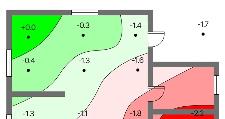 Partial floor plan heatmap with green to red gradient showing values from 0.0 to -2.2 in different rooms.