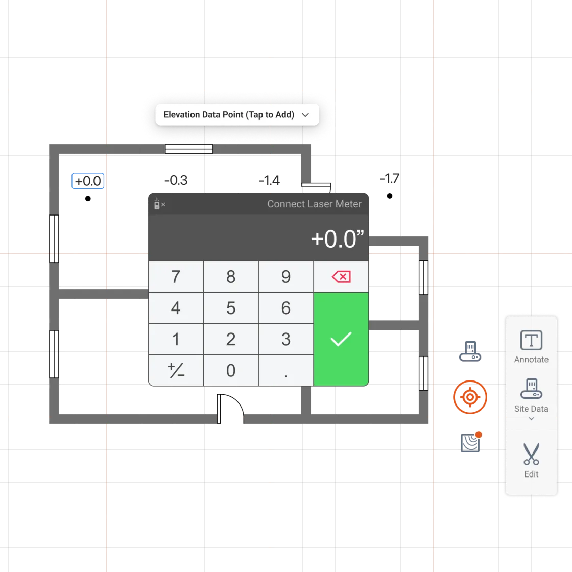 Digital layout with grid, keypad entry for elevation data, and site editing tools visible on screen.