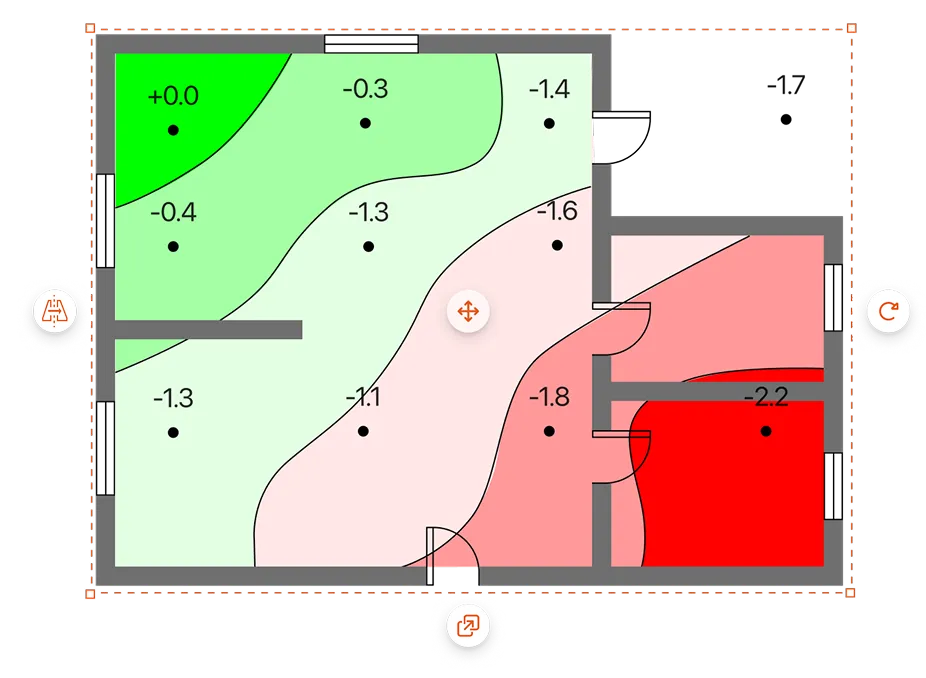Floor plan with contour map showing varying elevation levels from +0.0 to -2.2 using color gradients.