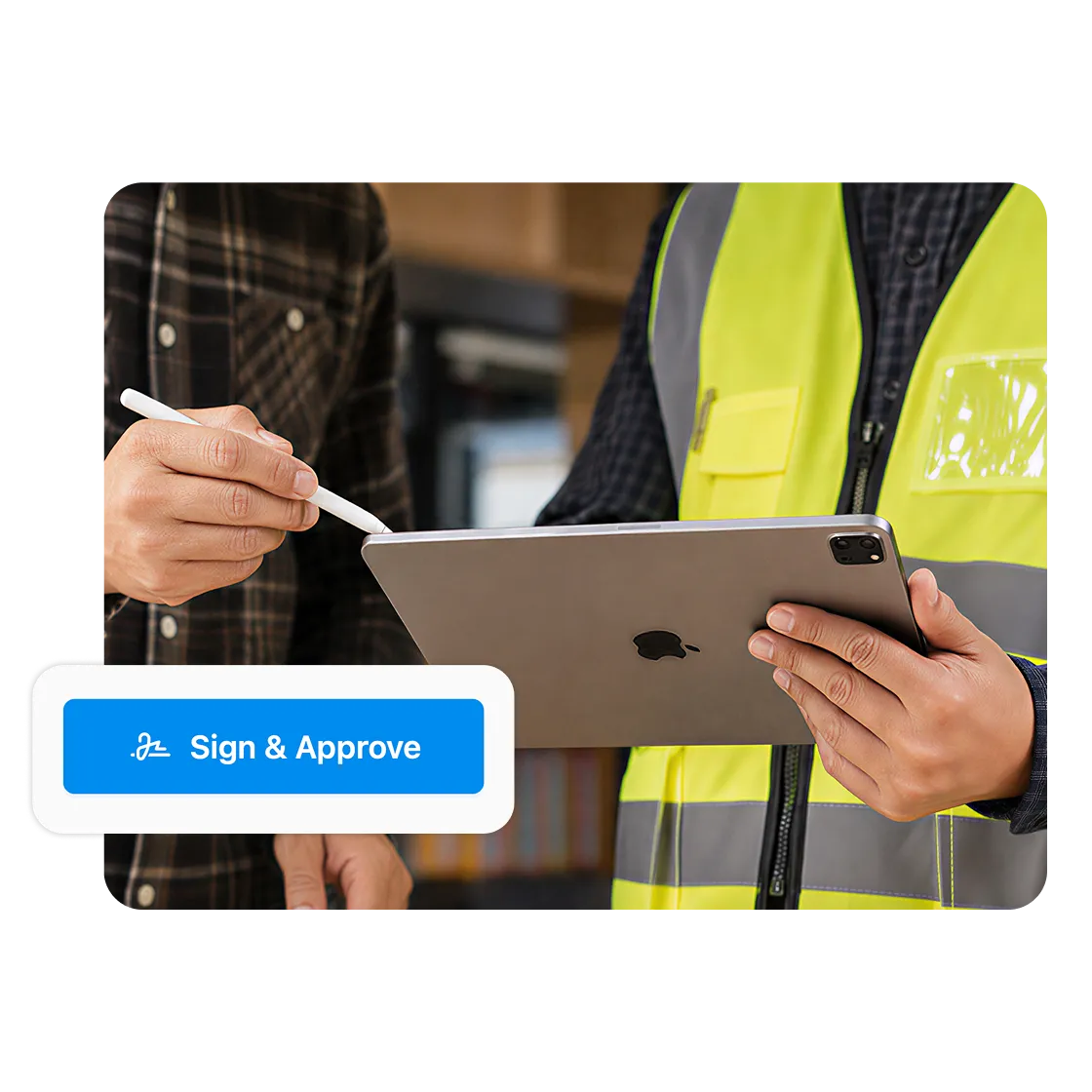Person holding tablet showing a floor plan with a sharing panel listing project collaborators.