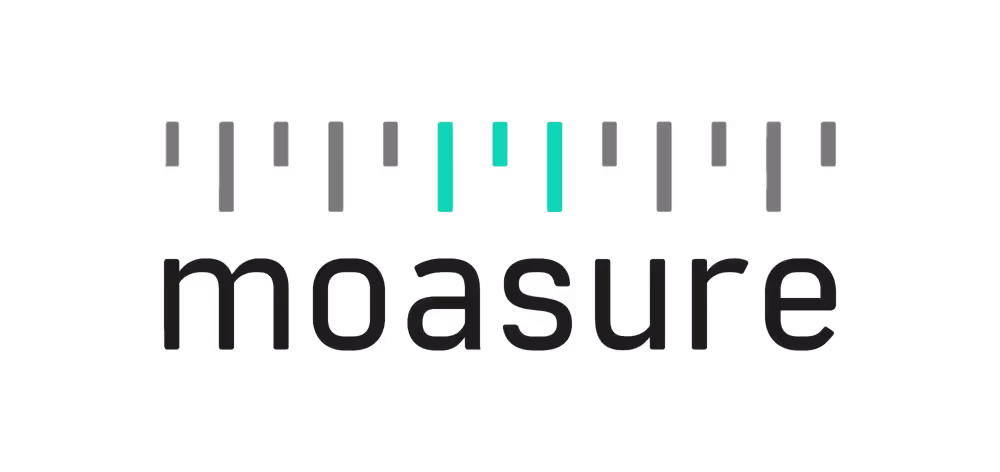 Moasure company logo featuring the word 'moasure' in lowercase letters beneath a stylized design of vertical bars resembling a measuring scale, with two bars highlighted in blue and red.