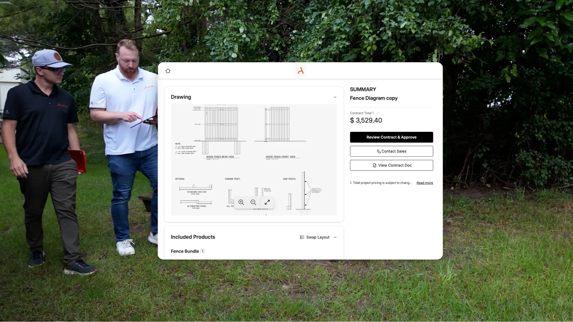 Two men standing outdoors on grass next to a green leafy bush, looking at a tablet device; overlaid in the center is a digital proposal interface showing a fence diagram with measurements, contract total of $3,529.40, and buttons for reviewing the contract, contacting sales, and viewing the contract document.
