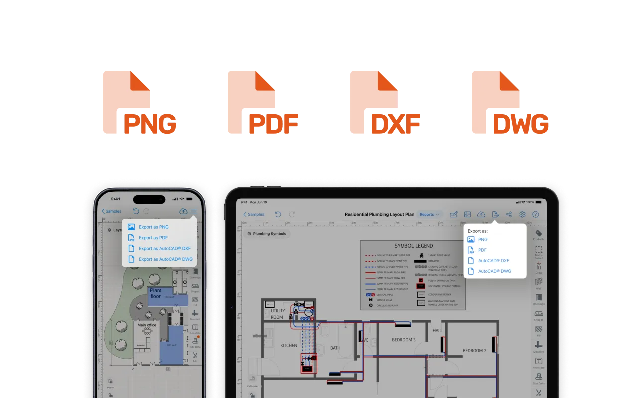 Two devices displaying a residential plumbing layout plan with export options overlays showing formats PNG, PDF, AutoCAD DXF, and DWG. The left device shows a layout with labels like Main office and Plant floor. The right device shows a detailed plan including a symbol legend and rooms like Utility Room, Kitchen, Bath, Bedroom 3, Bedroom 2, and Hall. Export menus list file types available for saving the layout.