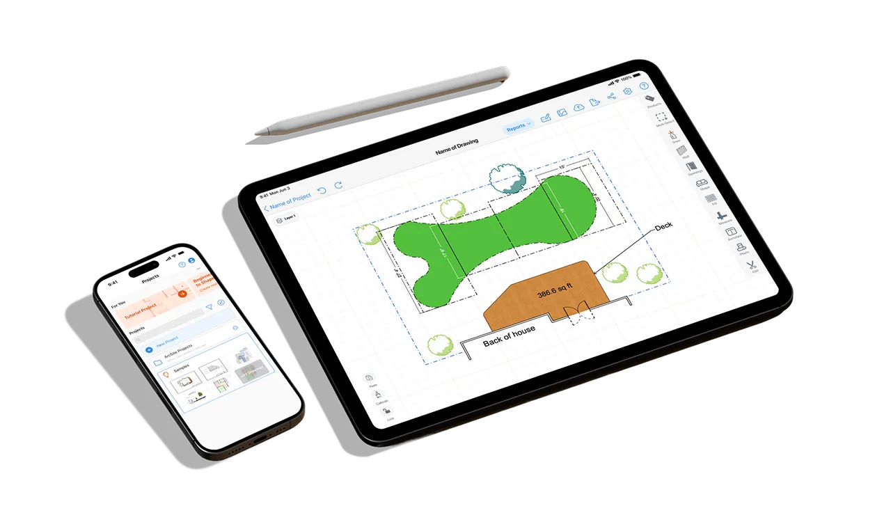 Tablet displaying a landscaping design app showing a lawn and deck plan with measurements next to a stylus and a smartphone displaying project management screens.
