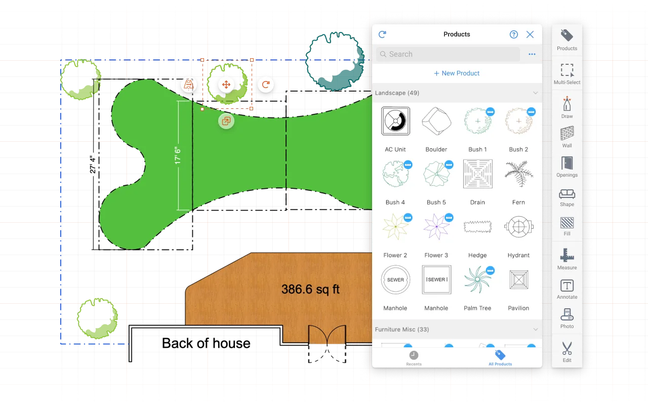 Landscape design software interface showing a plot with 386.6 sq ft area, featuring green shapes representing plants and a brown patio or deck area, with a sidebar menu of plant and object icons such as AC Unit, Boulder, Bush, Fern, Flower, Hedge, and Palm Tree, and tools for drawing, measuring, annotating, and editing.