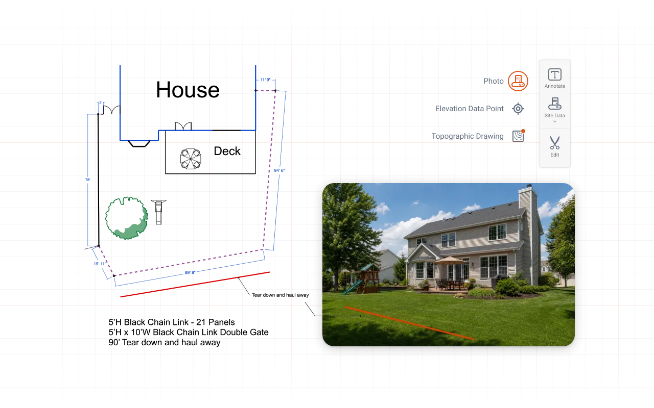A diagram showing a backyard layout with a rectangular house outline, labeled sections, and a green circular area. An arrow points from the diagram to a photo of a two-story house with gray siding, a patio table with an umbrella, green lawn, trees, and a children's playset on the left side.