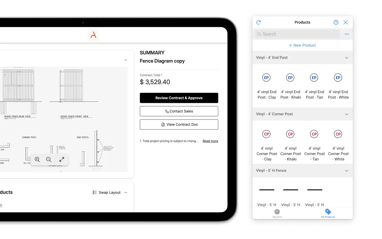 Tablet screen showing a fence project summary with a $3,529.40 contract total, options to review contract, contact sales, and view contract document, alongside a fence diagram with wood fence rear and front views. Next to it, a mobile device screen displaying a product selection menu with vinyl end posts in four colors and vinyl corner posts in four colors, and vinyl fences at 5 feet height.