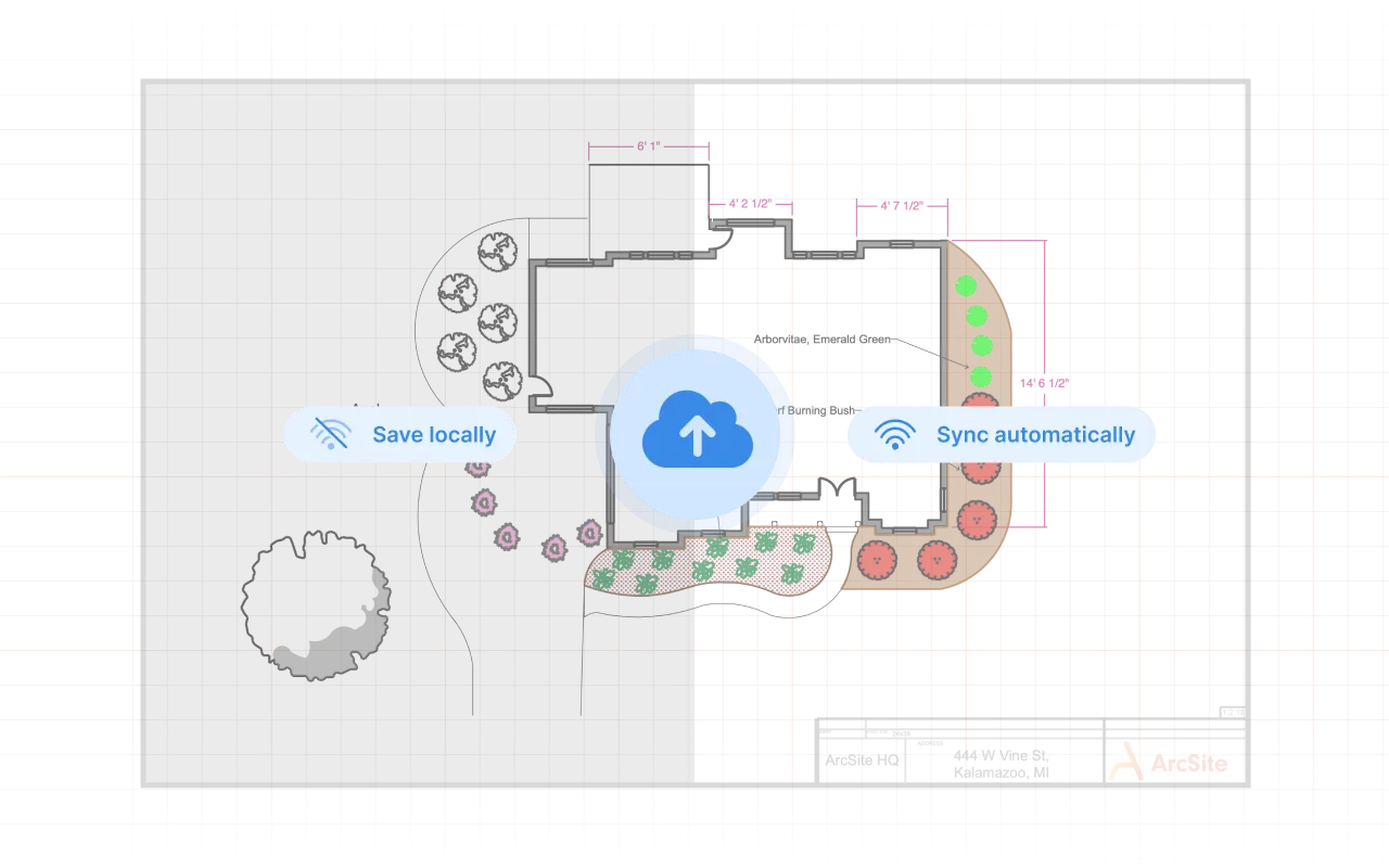 Digital blueprint of a floor plan with a blue cloud upload icon in the center, accompanied by text and icons indicating options to save work locally without Wi-Fi and to sync automatically with Wi-Fi.