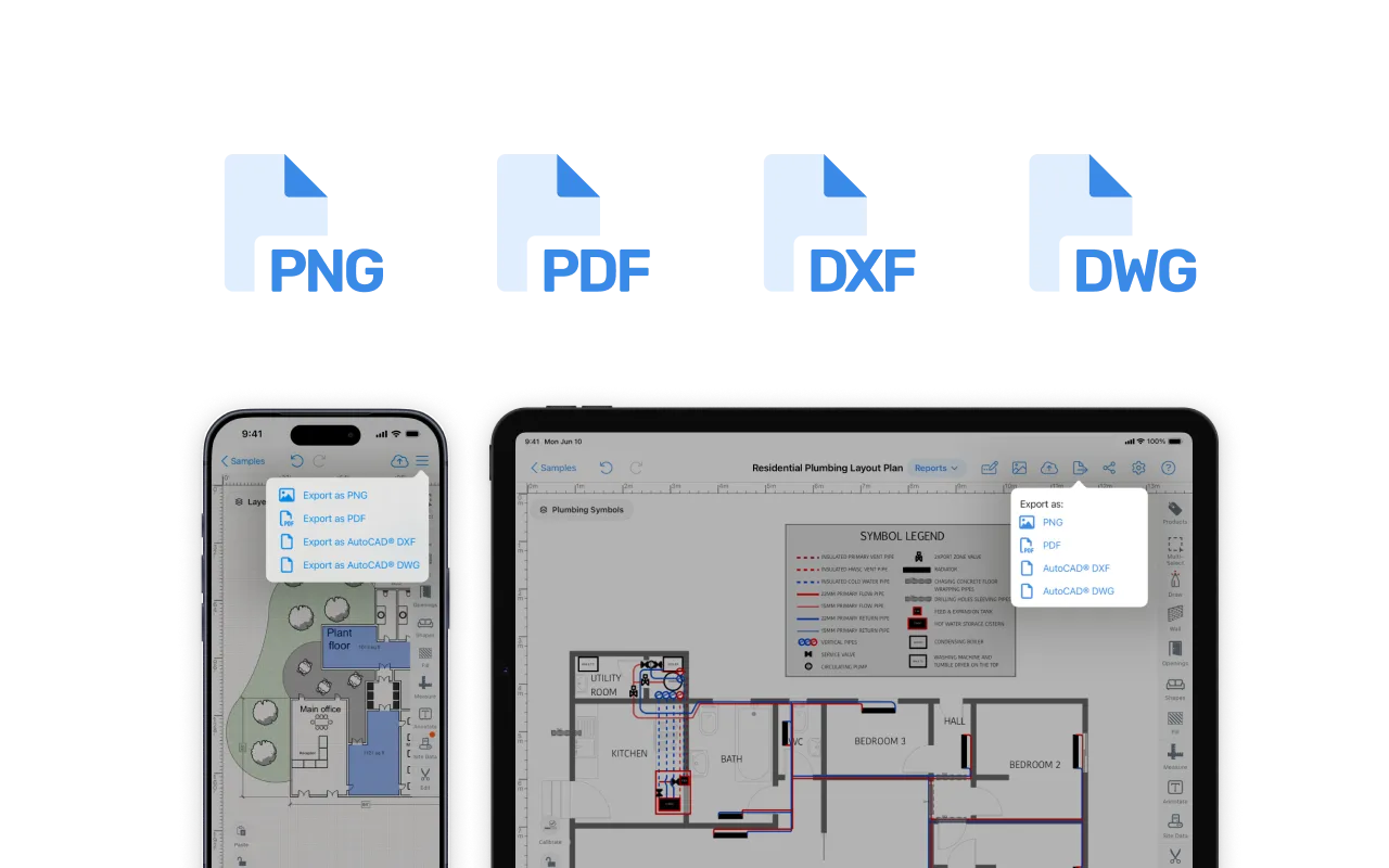 Two smart devices displaying residential plumbing layout plans with export options menu showing formats PNG, PDF, AutoCAD DXF, and DWG on each screen.