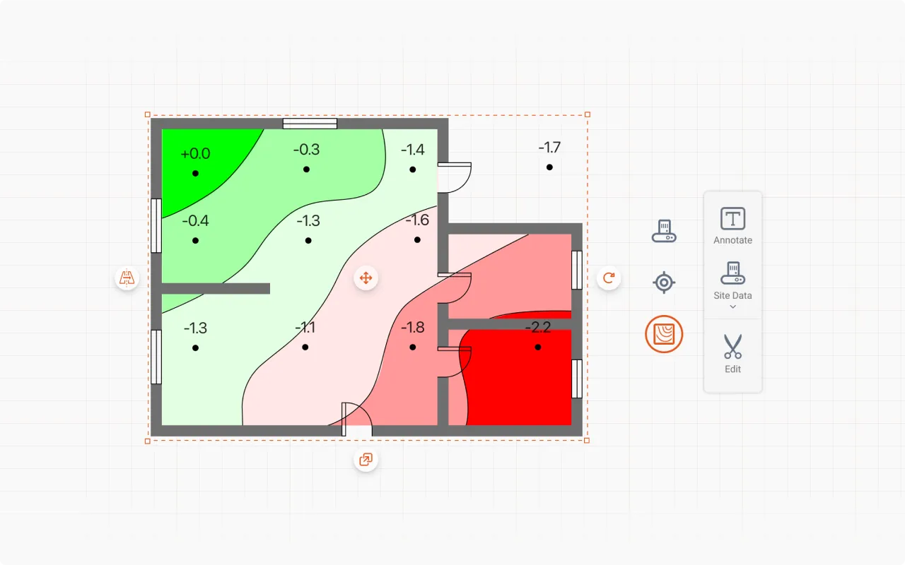 Floor plan with color-coded elevation differences, showing a green area marked +0.0 and negative values ranging to -2.2, with rooms separated by thick black lines and doors.