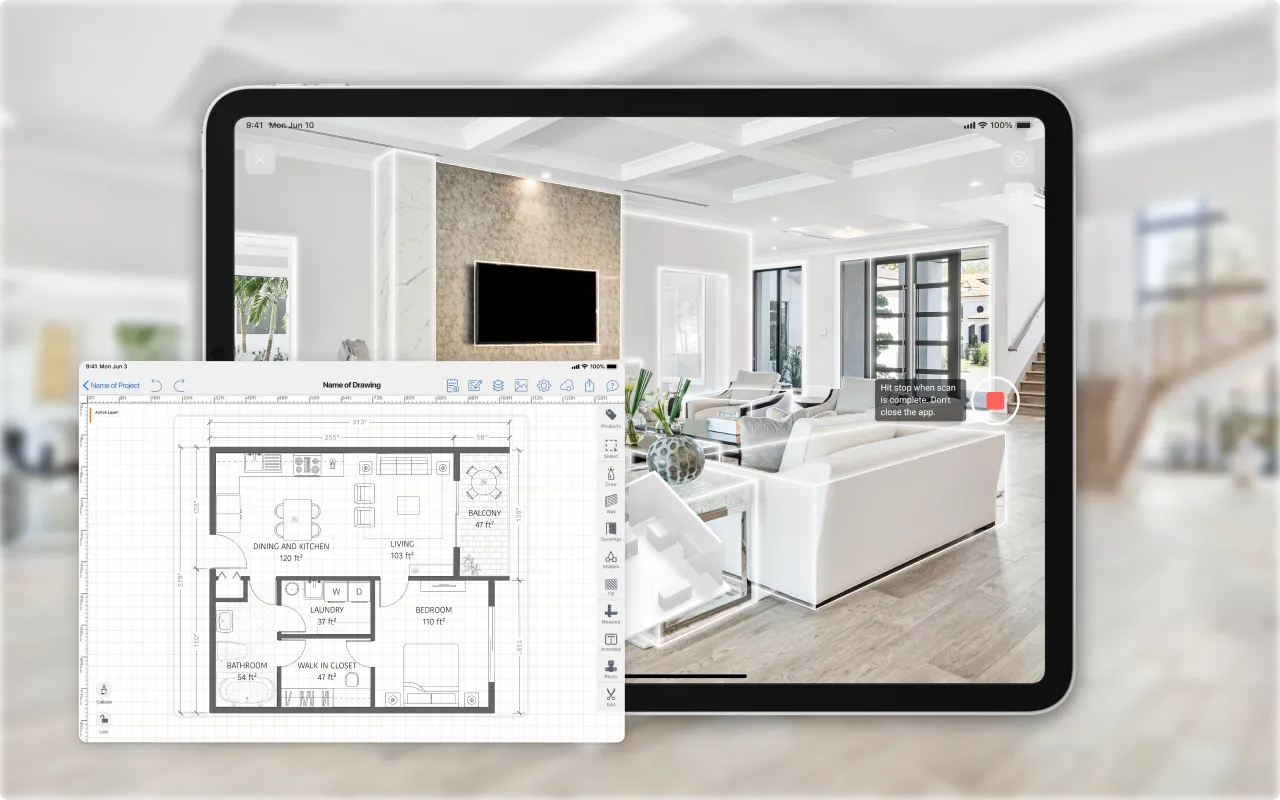 Tablet screen showing an augmented reality app overlaying a modern living room with a floor plan sketch of a one-bedroom apartment including dining, kitchen, living area, balcony, laundry, bathroom, and walk-in closet measurements.