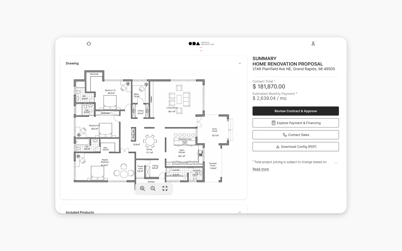 Digital interface showing a home renovation proposal with a detailed floor plan of a house including rooms like bedrooms, office, library, living room, kitchen, pantry, laundry, and porches, alongside a summary section displaying the total contract price of $181,870.00 and estimated monthly payment of $2,639.04, with buttons for reviewing contract, exploring payment options, contacting sales, and downloading a PDF.
