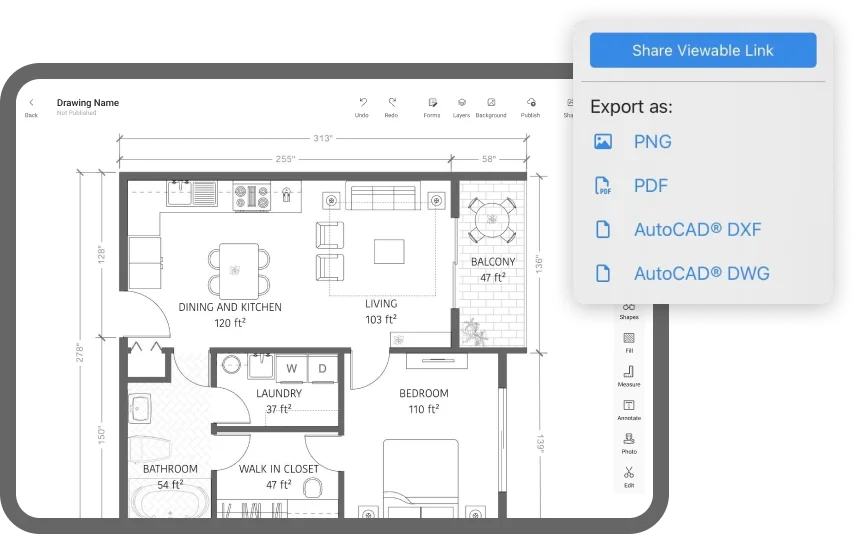 The different export options from ArcSite, including DXF, DWG, PDF, and PNG.