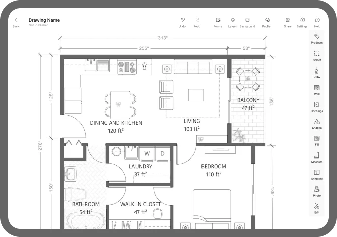 An architectural drawing of an apartment layout on ArcSite on tablet.