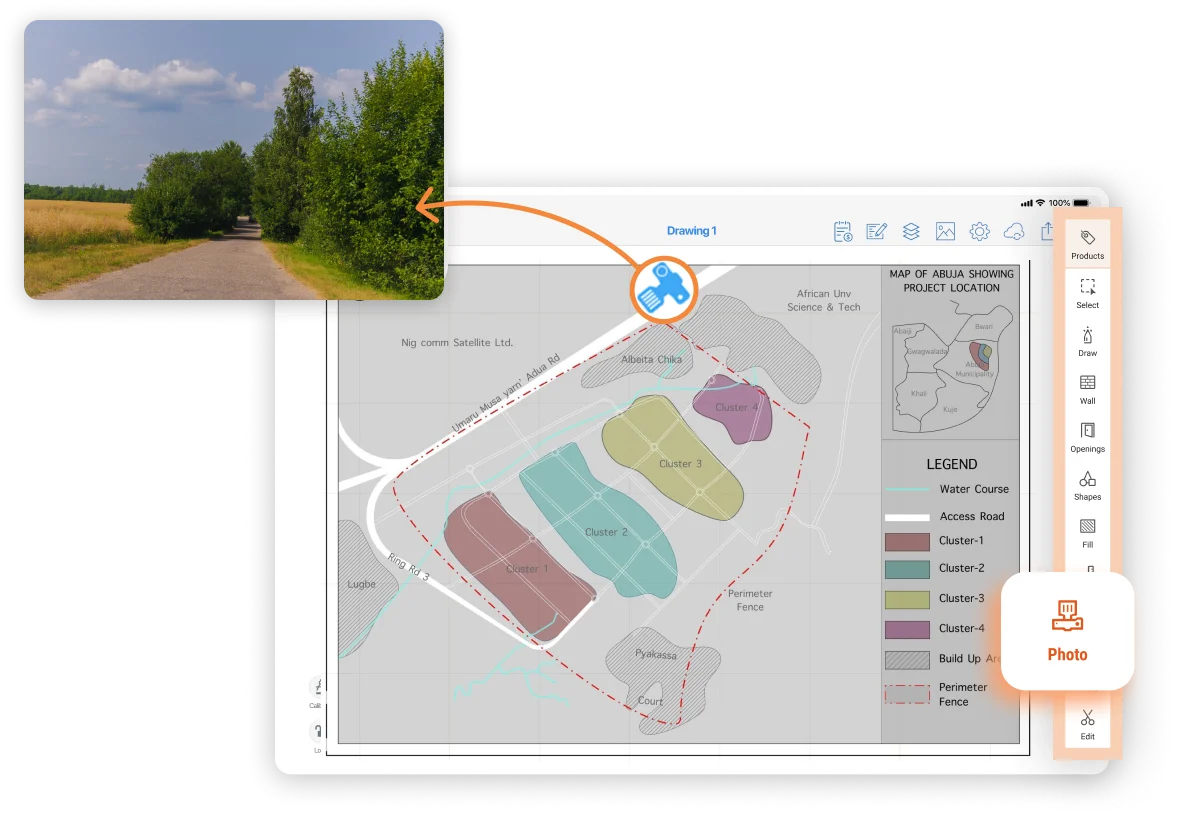 The photo tool in ArcSite documenting land for a site survey drawing.