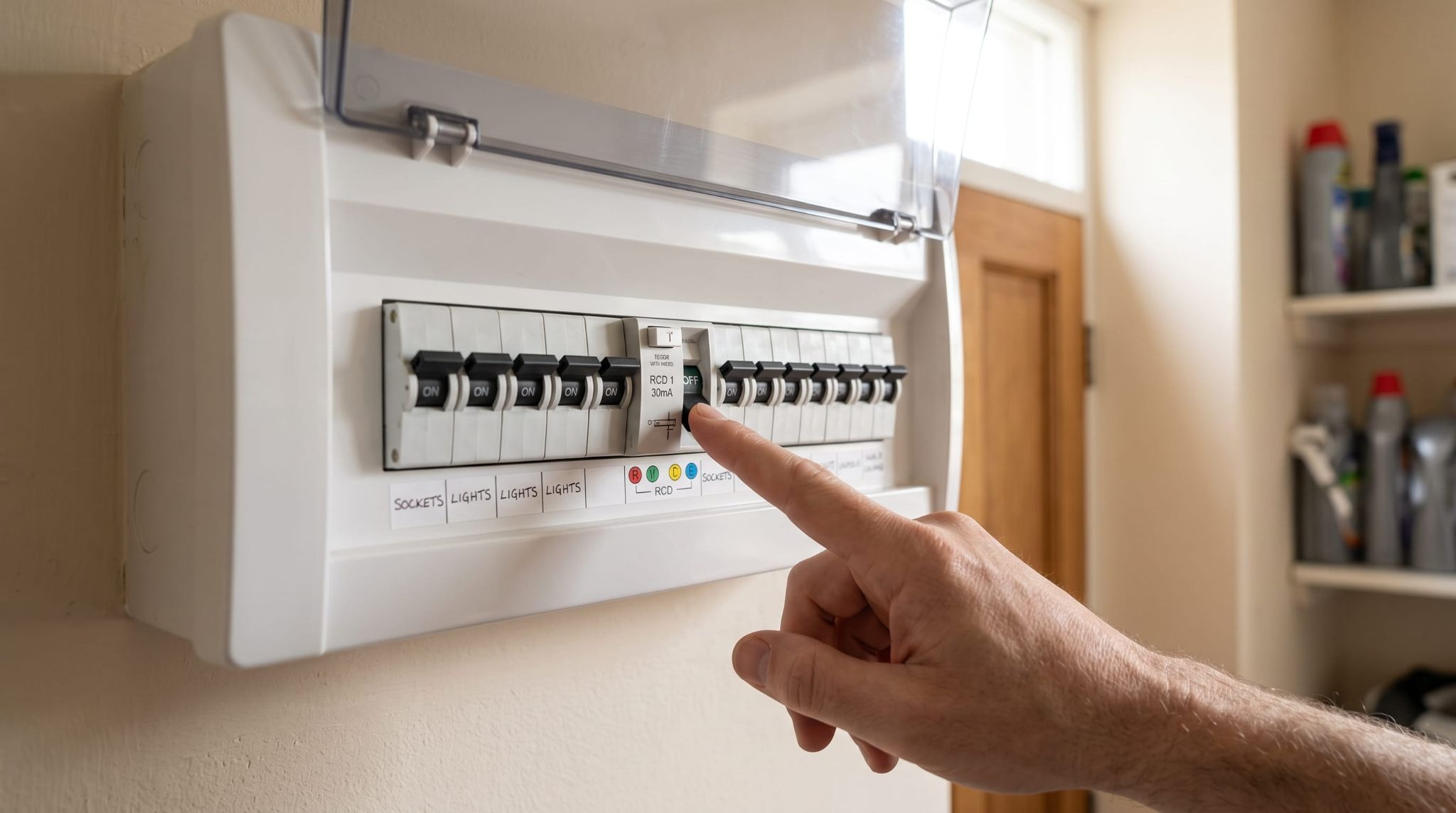 Checking a tripped RCD switch on a fuse board after an electric shower fault