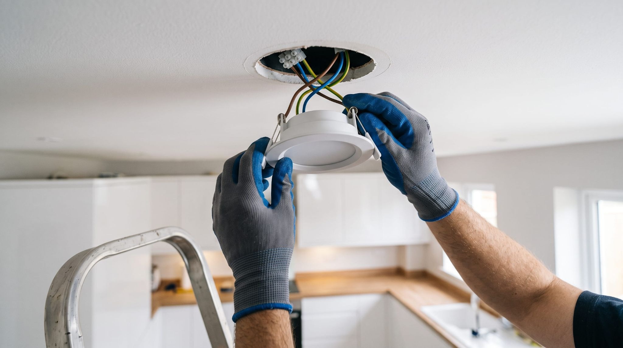 Electrician installing an LED downlight in a kitchen ceiling during a lighting renovation