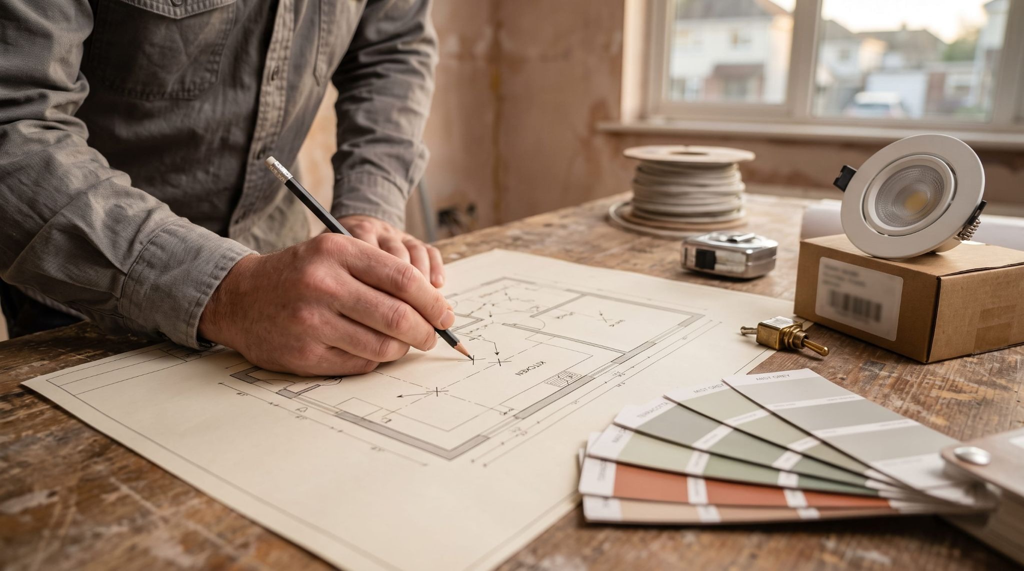 Homeowner marking downlight positions on a ceiling plan to plan lighting renovation costs