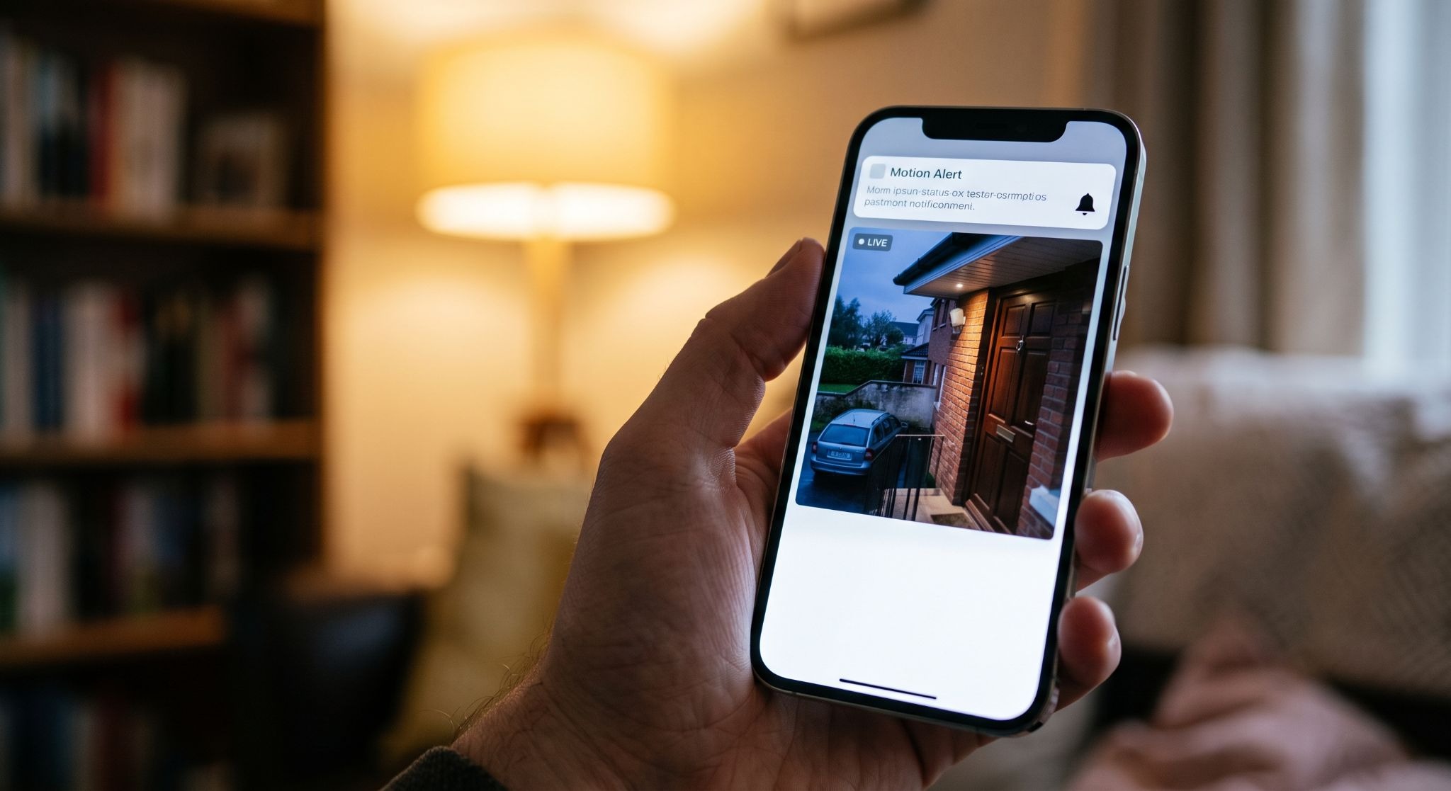 Smartphone showing a live wireless security camera feed of a front door with a motion alert
