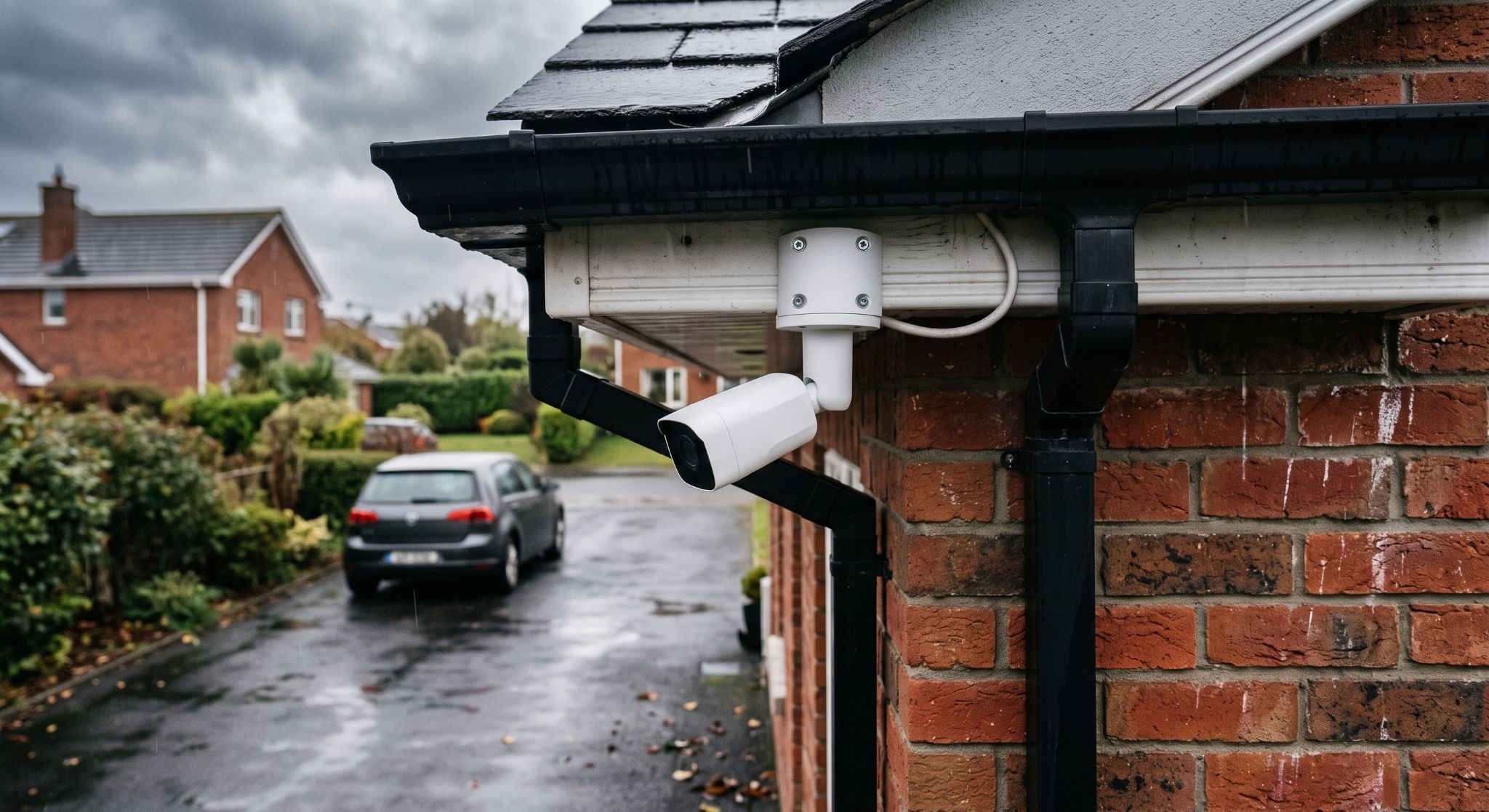 Outdoor security camera fixed under the eaves of an Irish house angled down over the driveway