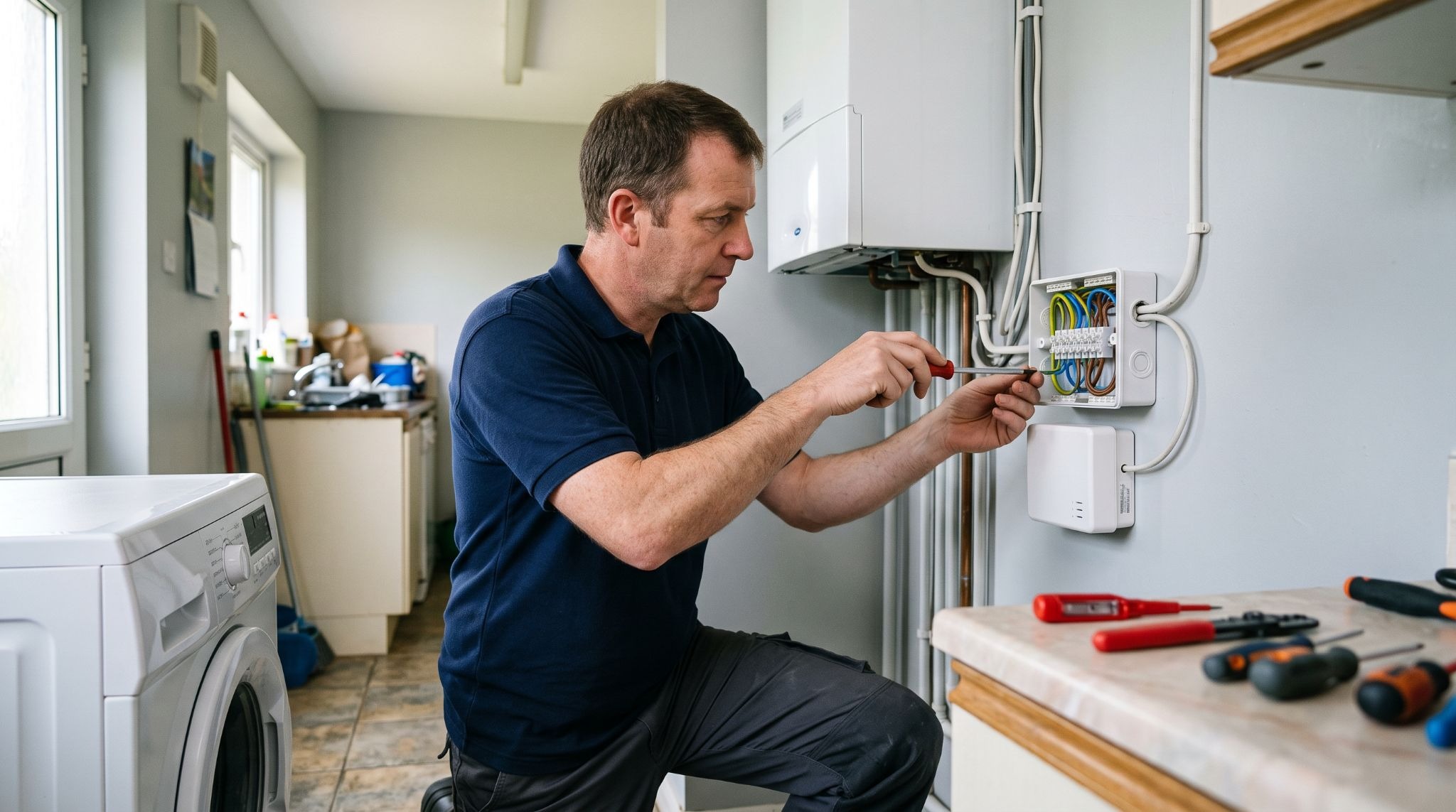 Electrician wiring a smart heating receiver into a boiler wiring centre during a thermostat installation