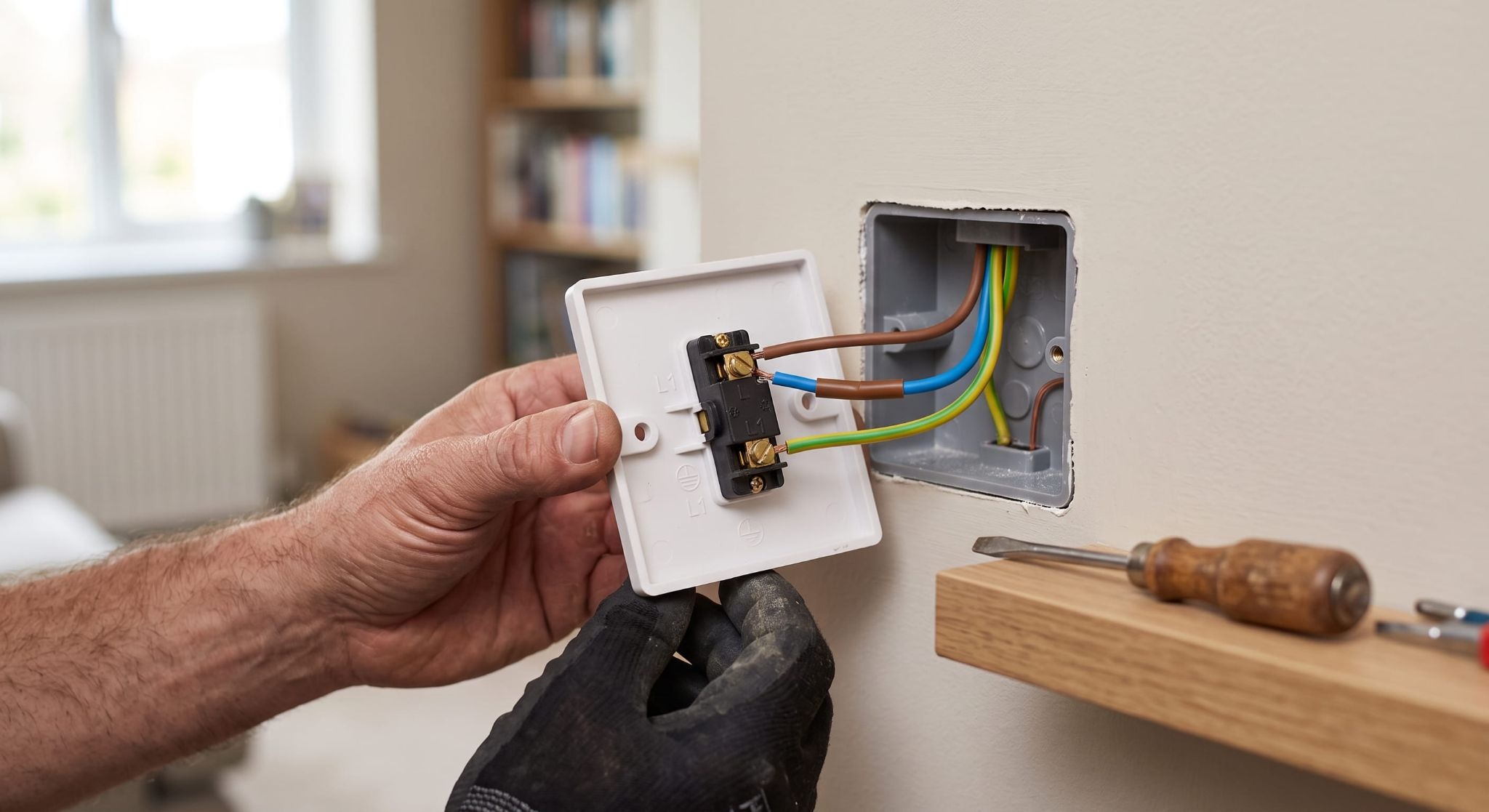 Open wall switch box showing no neutral wire at the switch drop