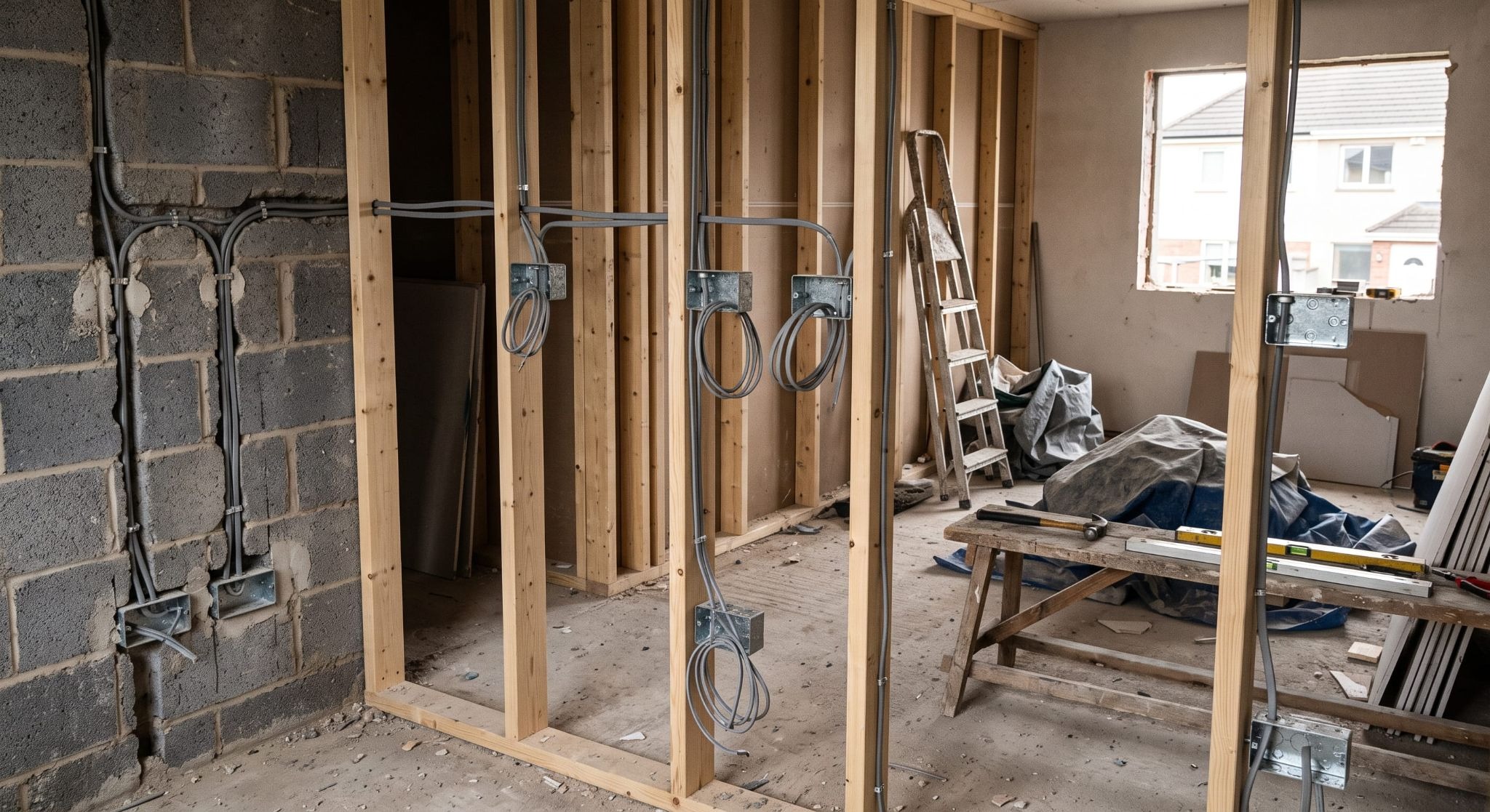 First fix wiring and deep back boxes installed during a house rewire