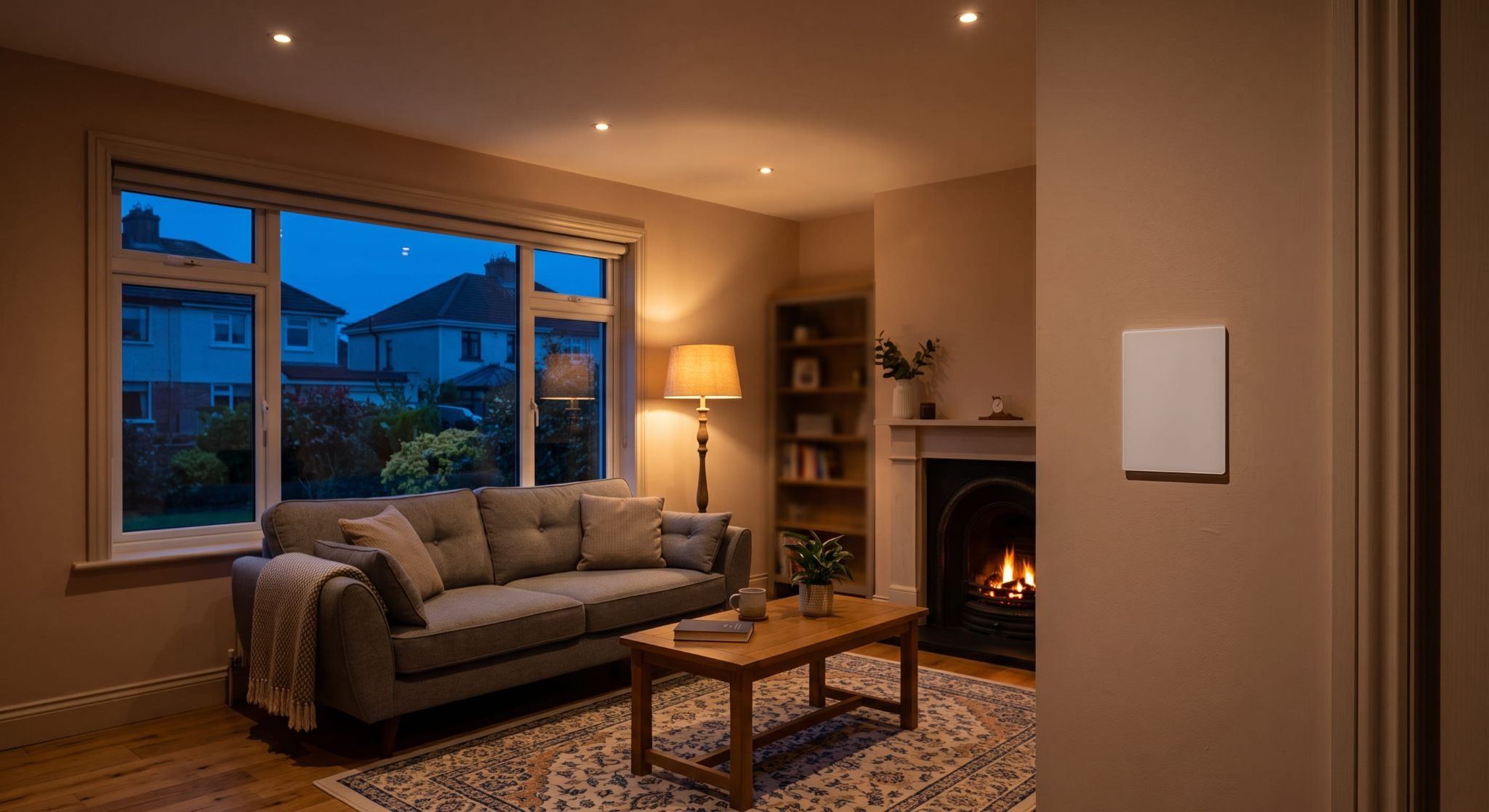 Automated lighting scene dimmed in an Irish home in the evening
