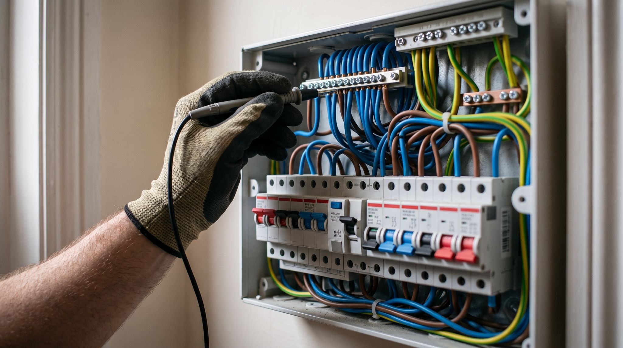 Electrician tightening a loose terminal in a ceiling rose to fix flickering lights
