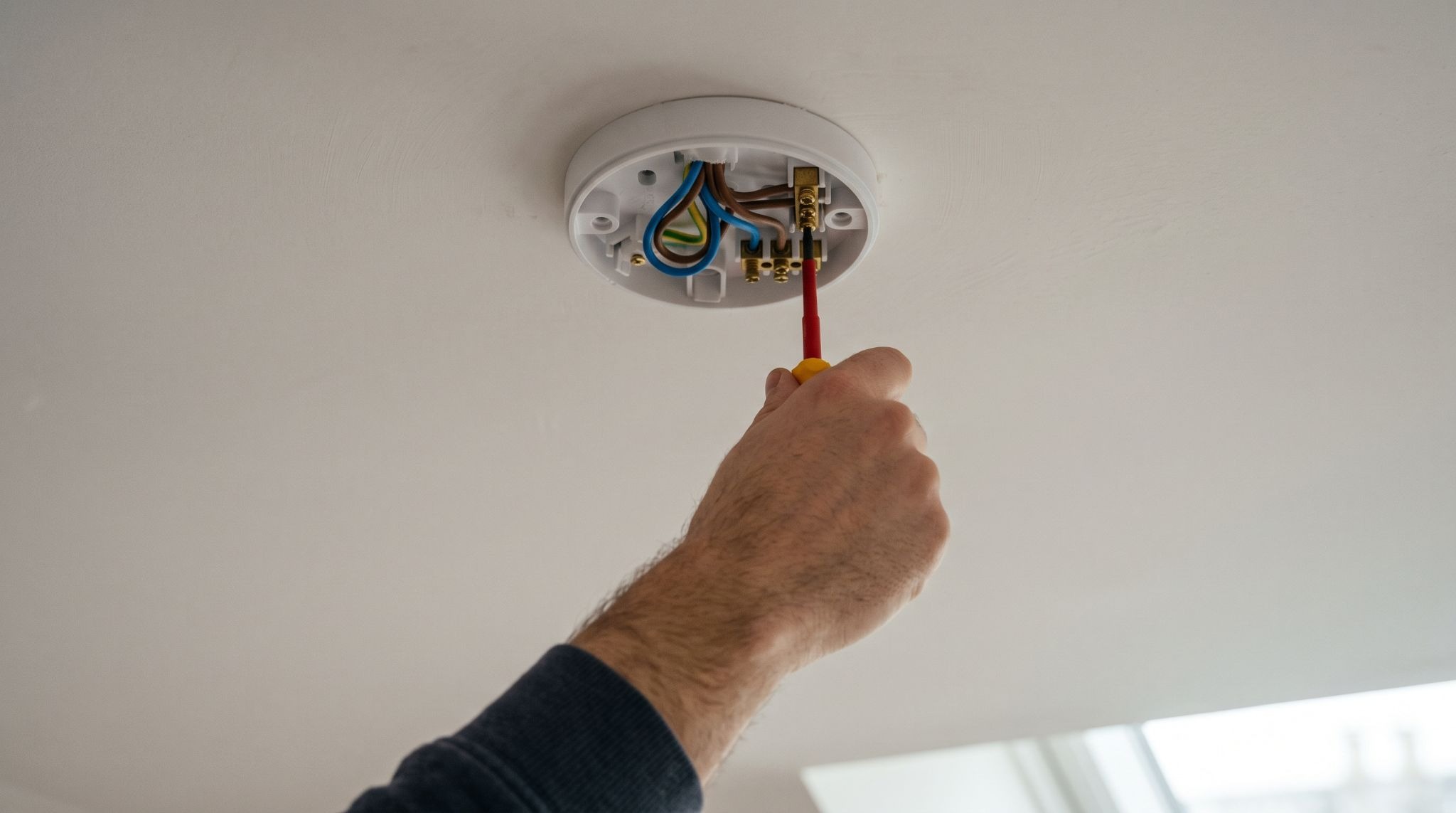 Electrician testing a loose neutral connection in a consumer unit causing all house lights to flicker