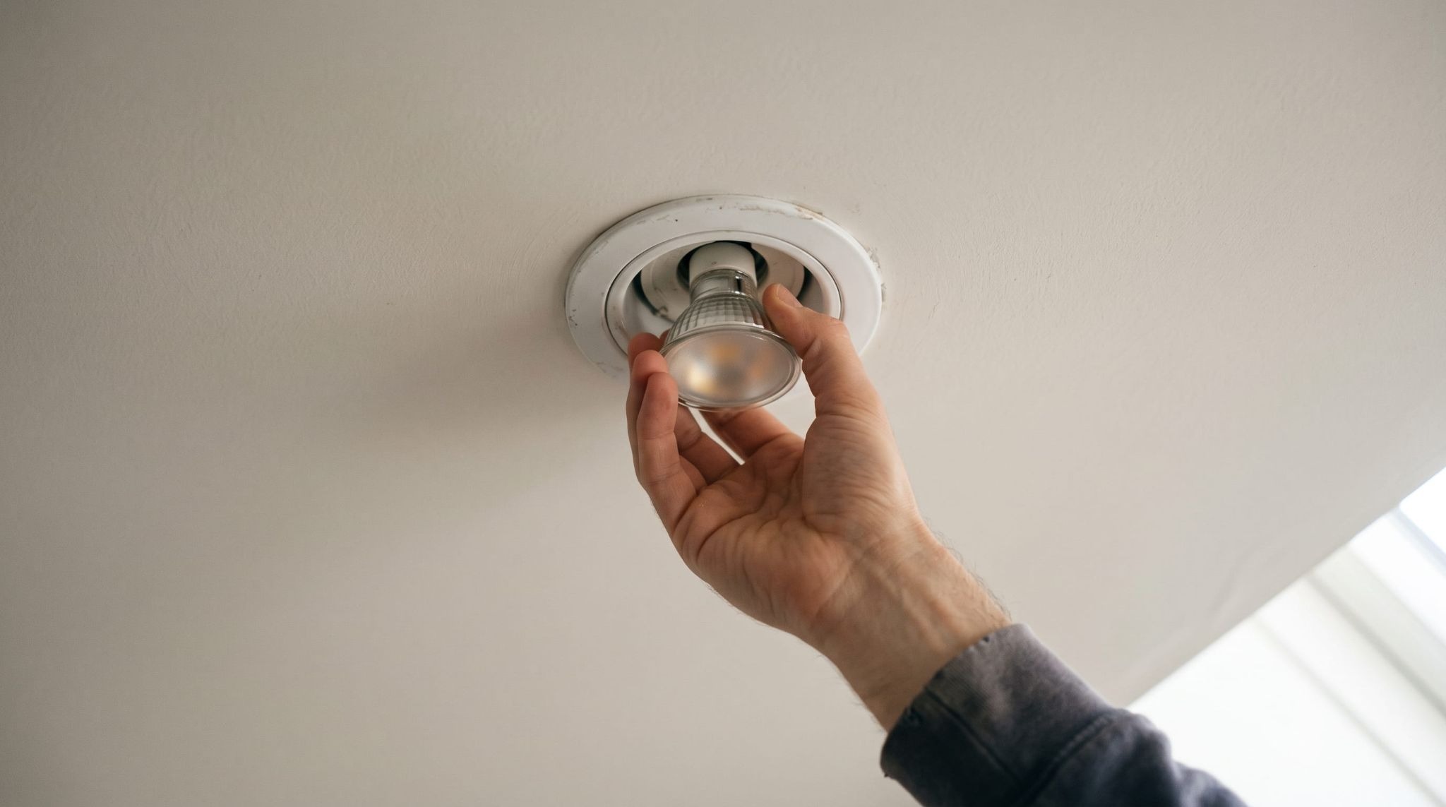 Hand re-seating a loose LED bulb in a ceiling fitting to stop a flickering light