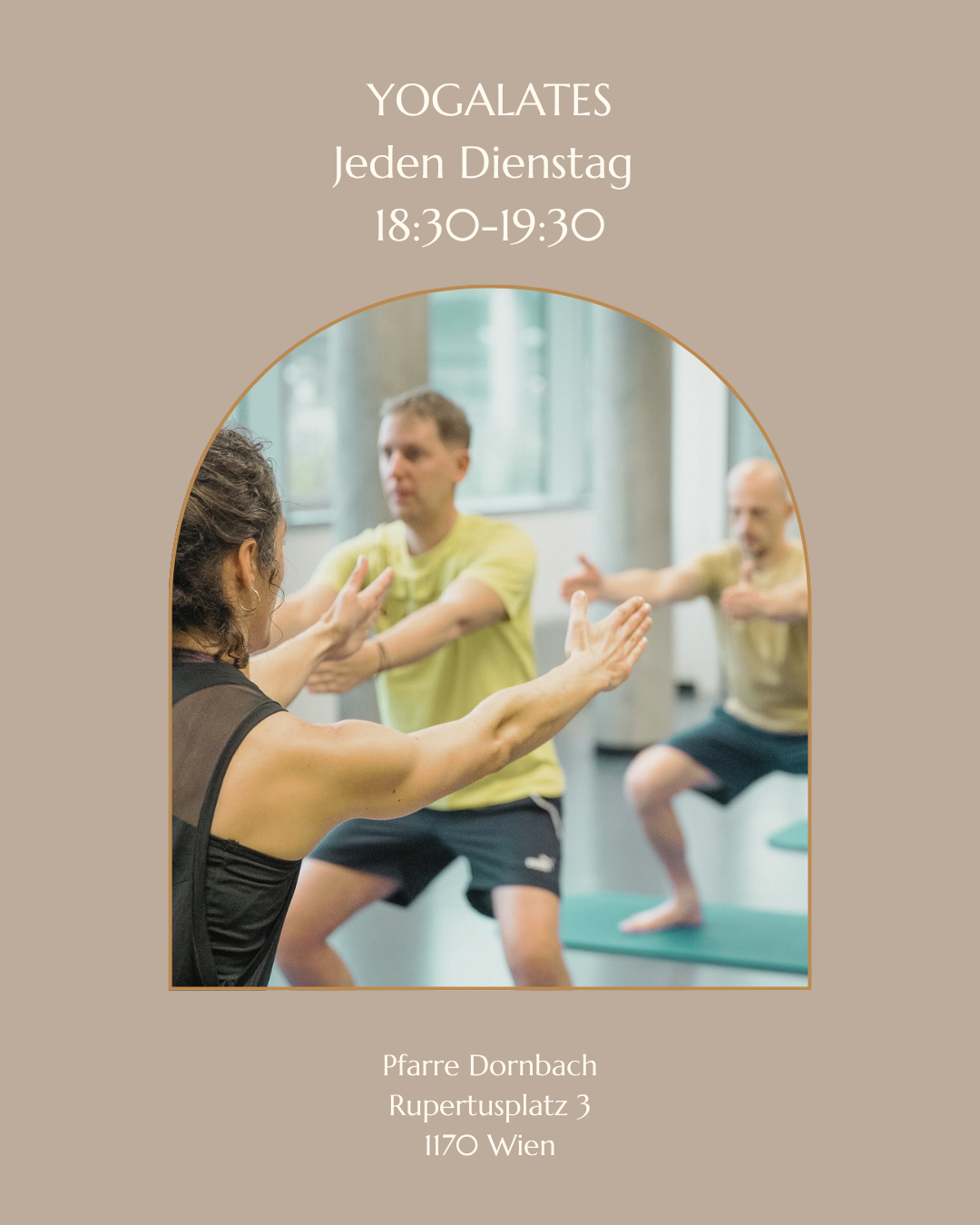 Yogalates-Kurs jeden Dienstag 18:30–19:30 in der Pfarre Dornbach, Rupertusplatz 3, 1170 Wien