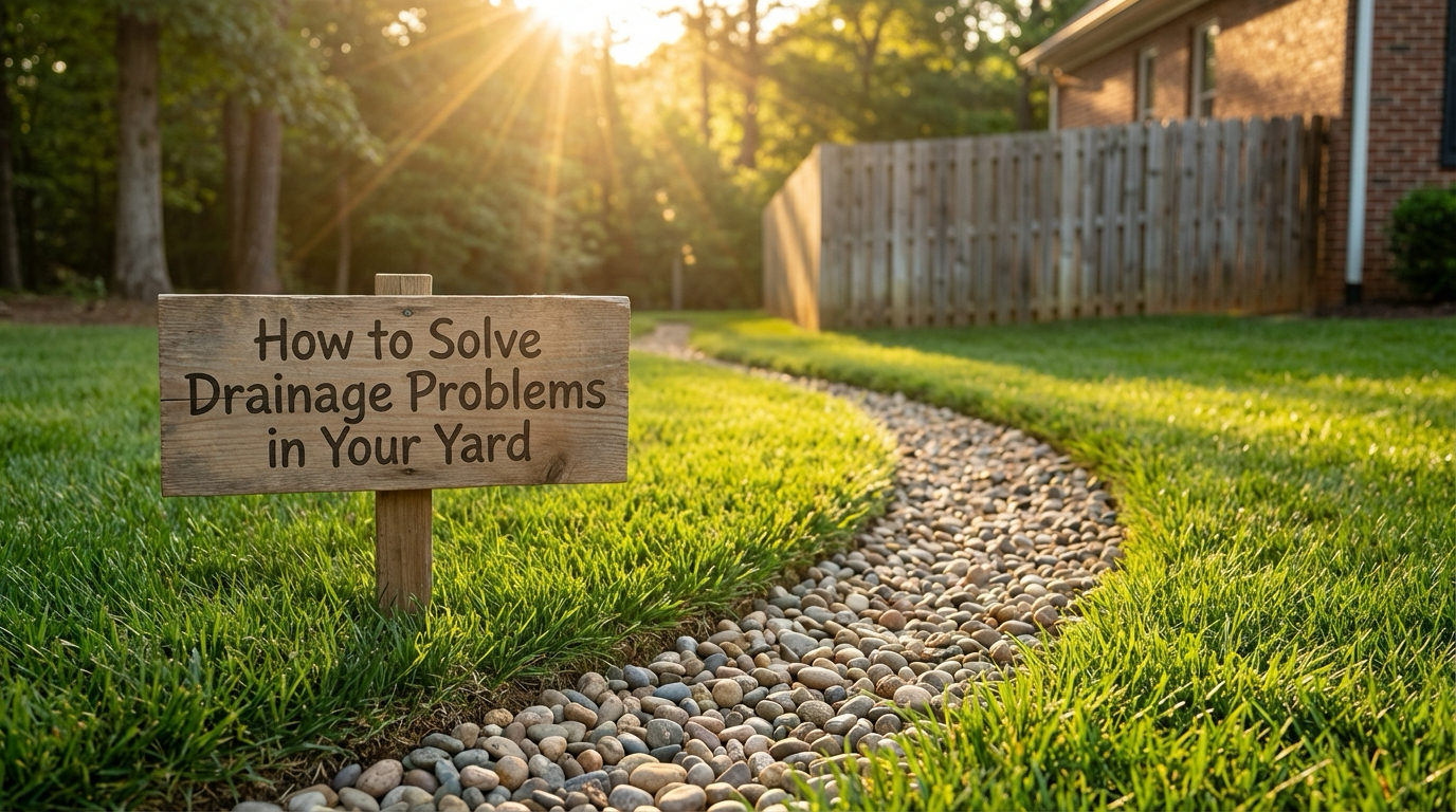 French drain with river rock in green Greensboro NC backyard