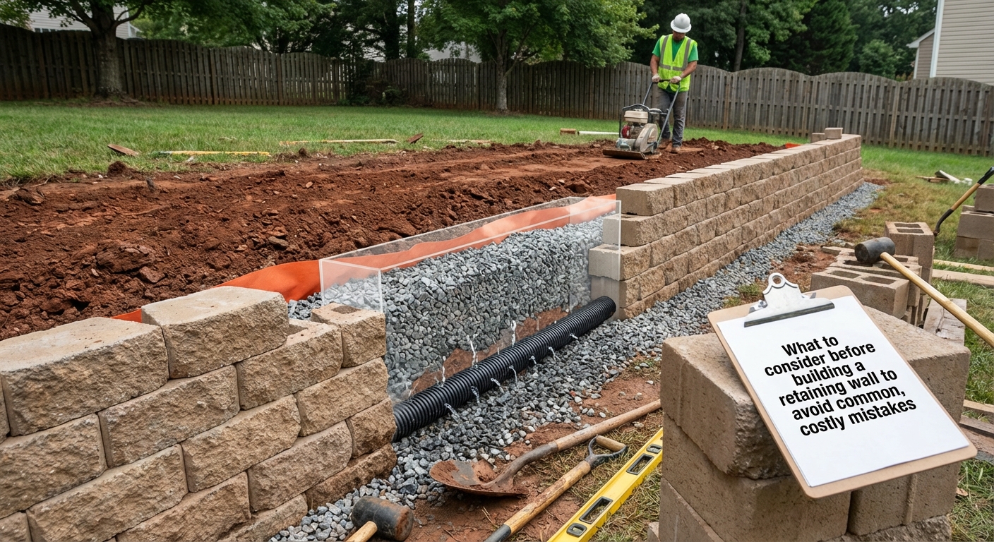 Retaining wall construction blog post: Drainage and base preparation shown.