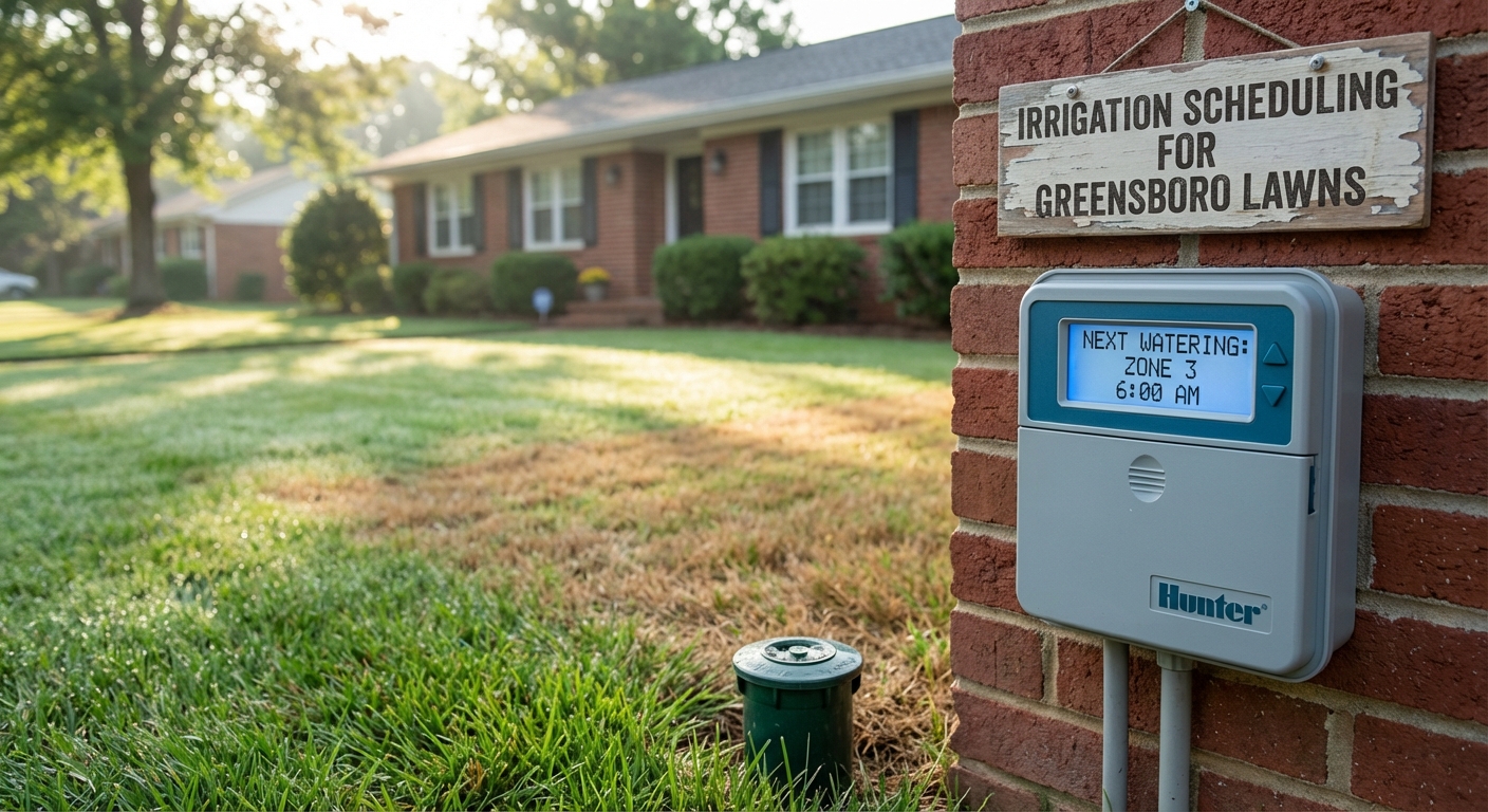 Lush Greensboro lawn with Hunter irrigation controller on a brick wall, next watering scheduled.