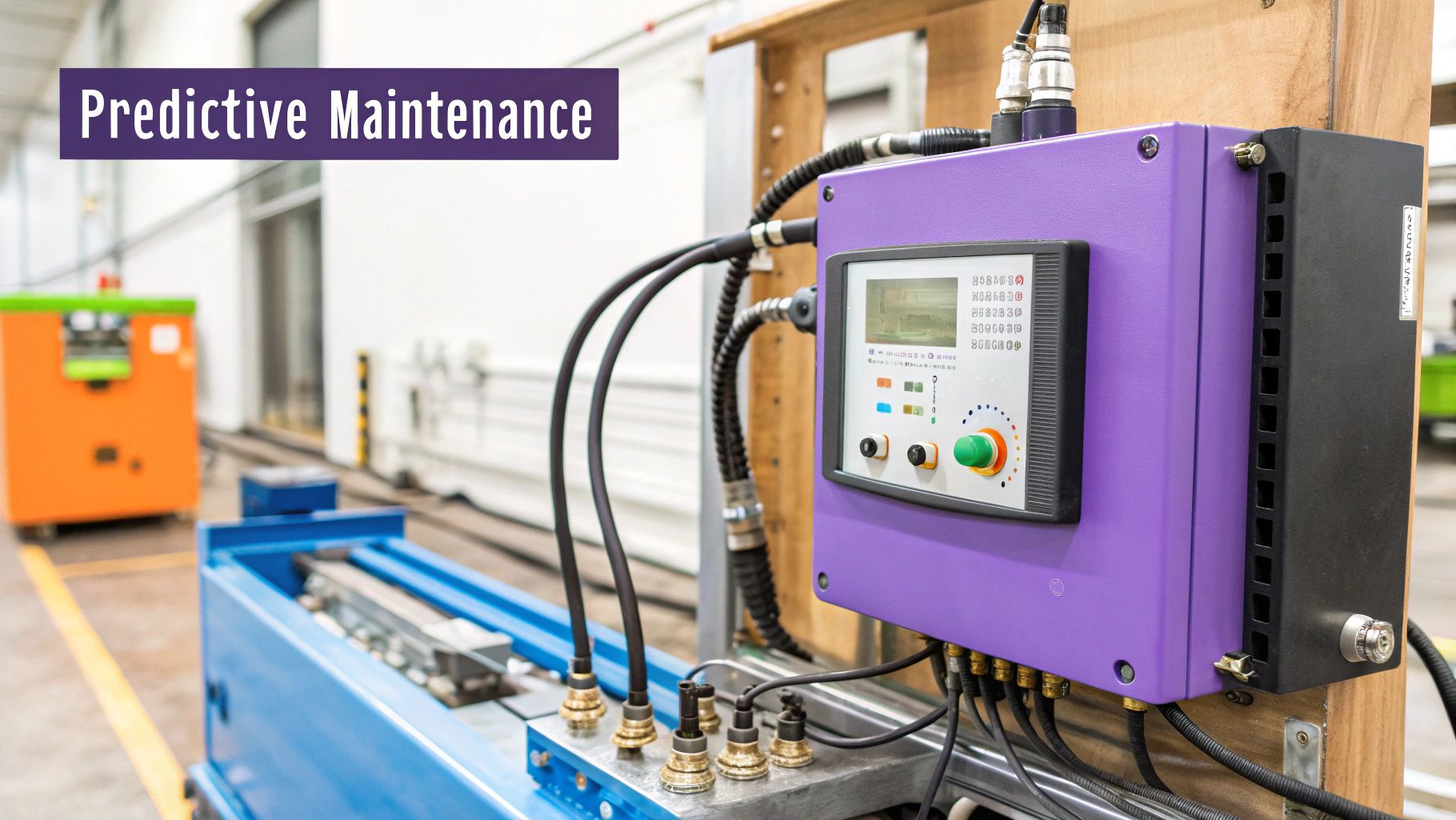 A diagram showing the process of predictive maintenance, from data collection via sensors on machinery to AI analysis and generating maintenance alerts.