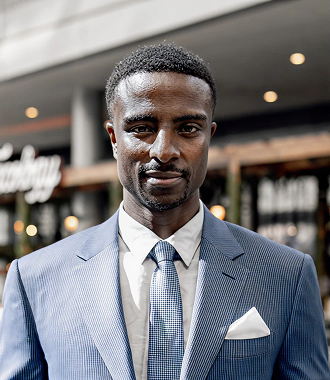 Portrait of a confident man wearing a blue pinstripe suit, white shirt, and blue tie with a white pocket square standing outdoors.