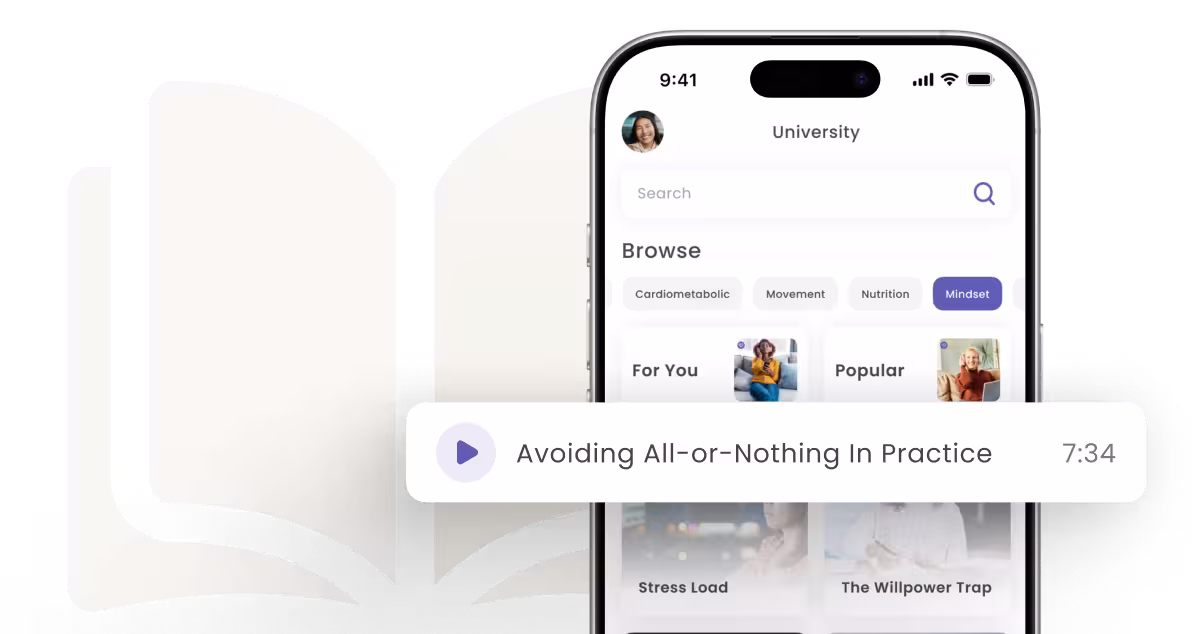 Smartphone displaying an educational app focused on mindset topics with an audio track titled 'Avoiding All-or-Nothing In Practice' lasting 7 minutes 34 seconds.