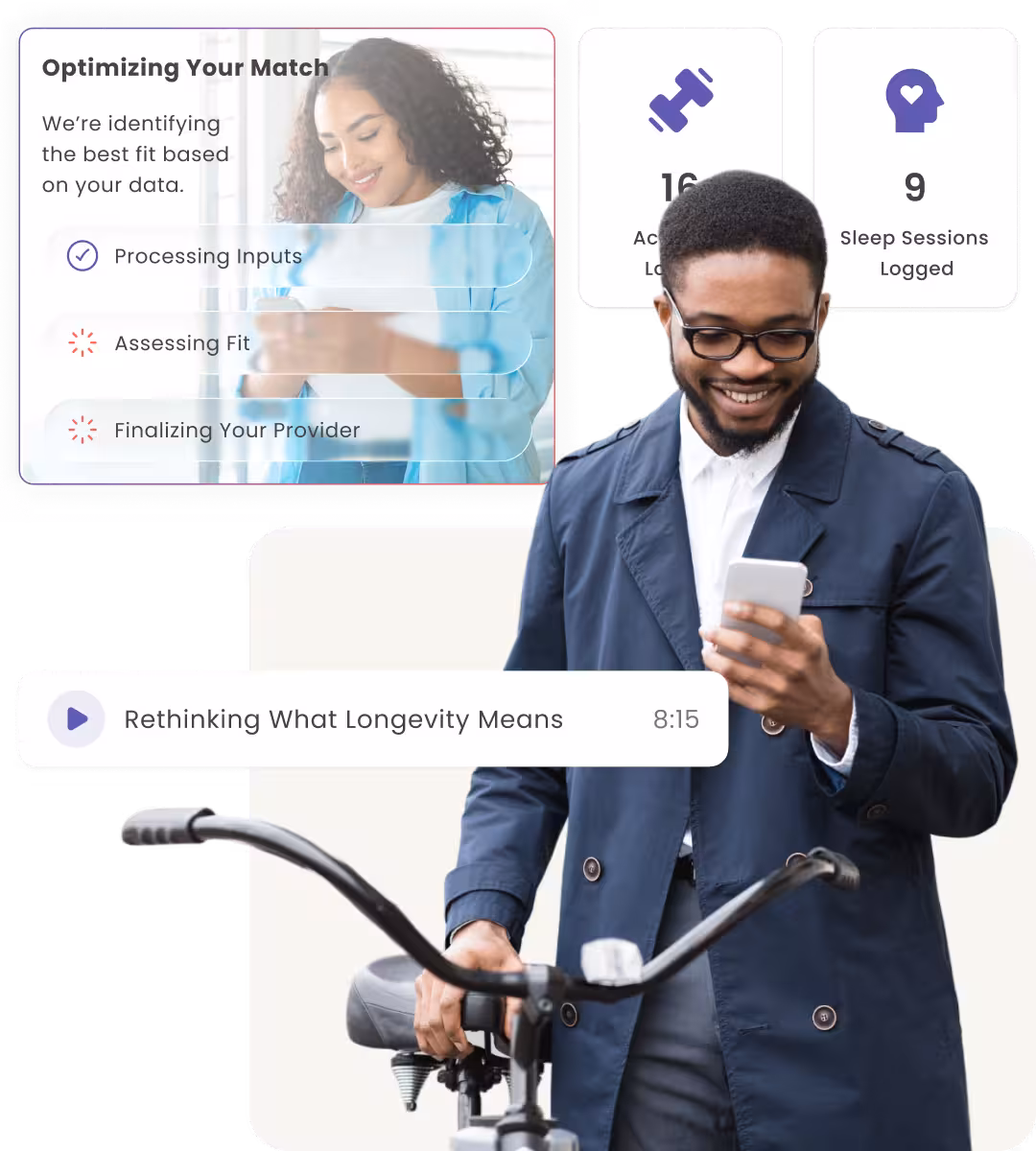 Smiling man in glasses and navy coat holding a smartphone near a bicycle, with overlaid health app screens showing data processing and activity logs.