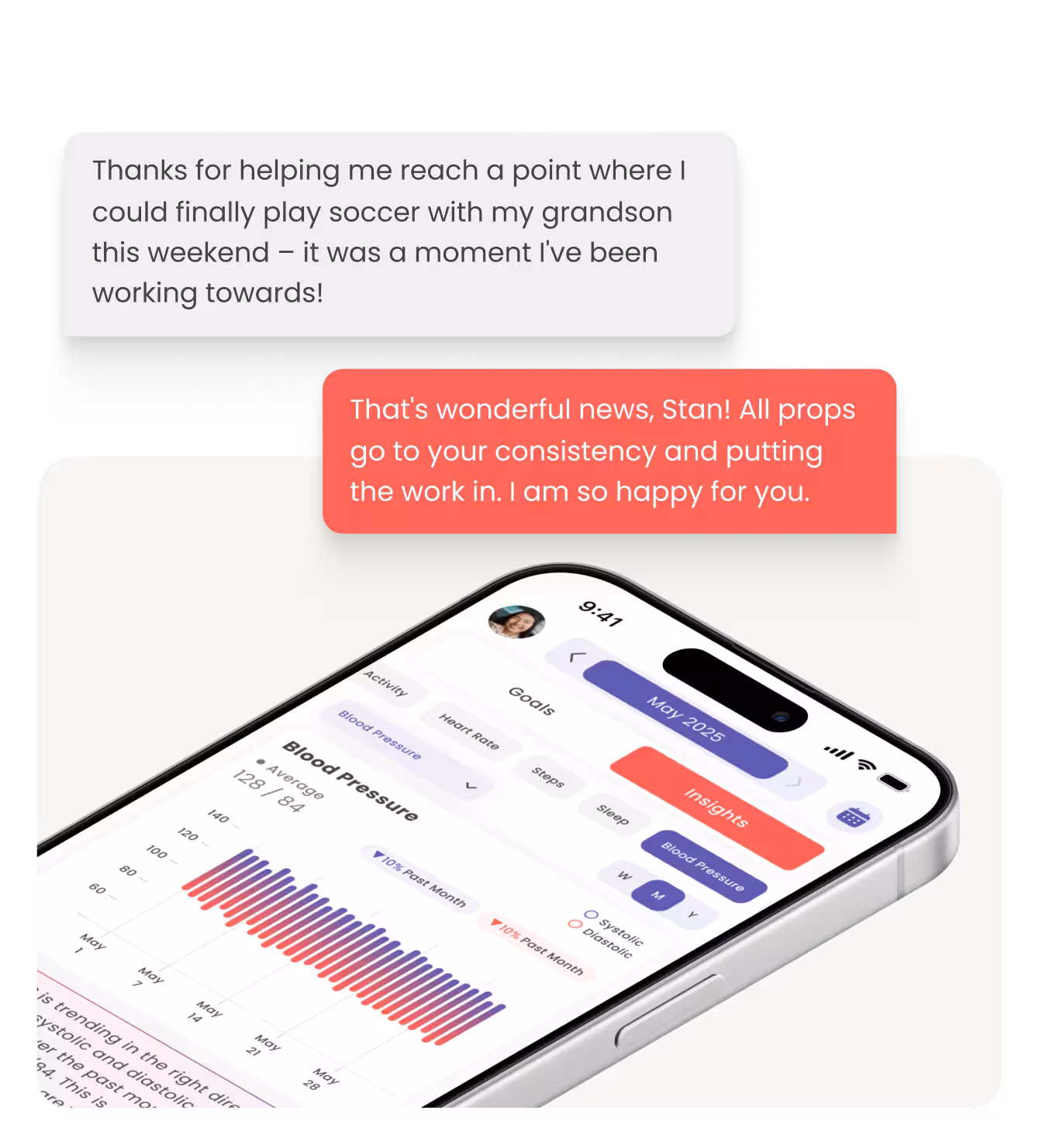 Mobile phone screen showing a health tracking app with blood pressure data, and text messages discussing playing soccer with a grandson and congratulating consistency.