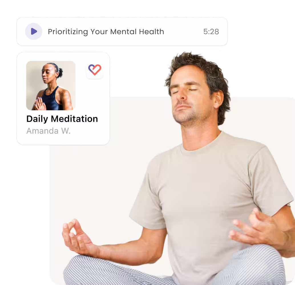 A man with closed eyes meditates cross-legged, with a meditation app interface showing a Daily Meditation by Amanda W. and an audio titled Prioritizing Your Mental Health lasting 5:28.