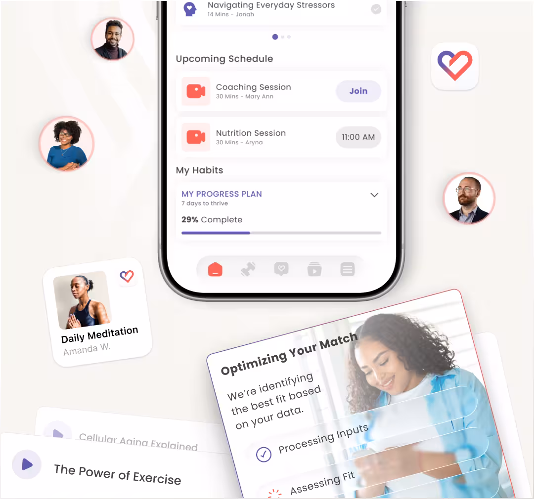 Mobile app screen showing upcoming coaching and nutrition sessions, a progress plan at 29%, with floating cards featuring daily meditation, exercise, and optimizing match data with a smiling woman.