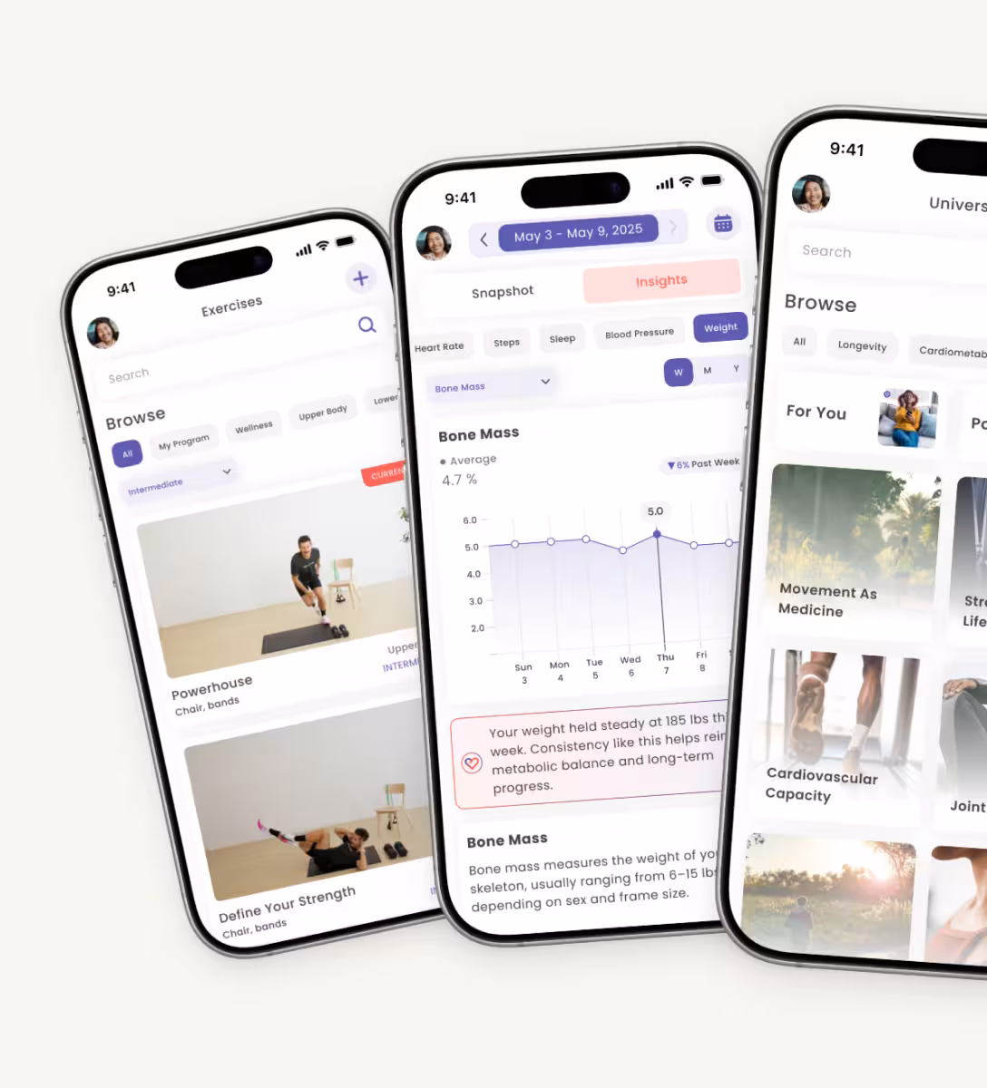 Three smartphones displaying a fitness and health tracking app with exercise videos, bone mass data chart, and health-related content browsing options.