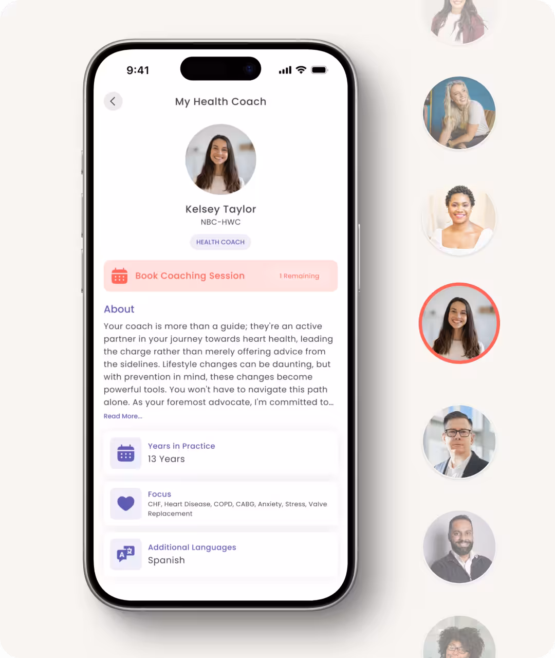 Mobile app screen showing health coach profile for Kelsey Taylor, including coaching session booking, bio, 13 years in practice, focus on heart-related conditions, and Spanish language skills.