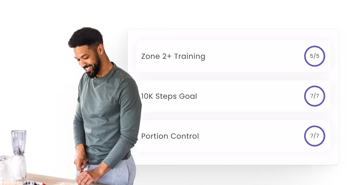 Smiling man cutting vegetables in a kitchen with a digital overlay showing completed fitness goals: Zone 2+ Training 5/5, 10K Steps Goal 7/7, Portion Control 7/7.