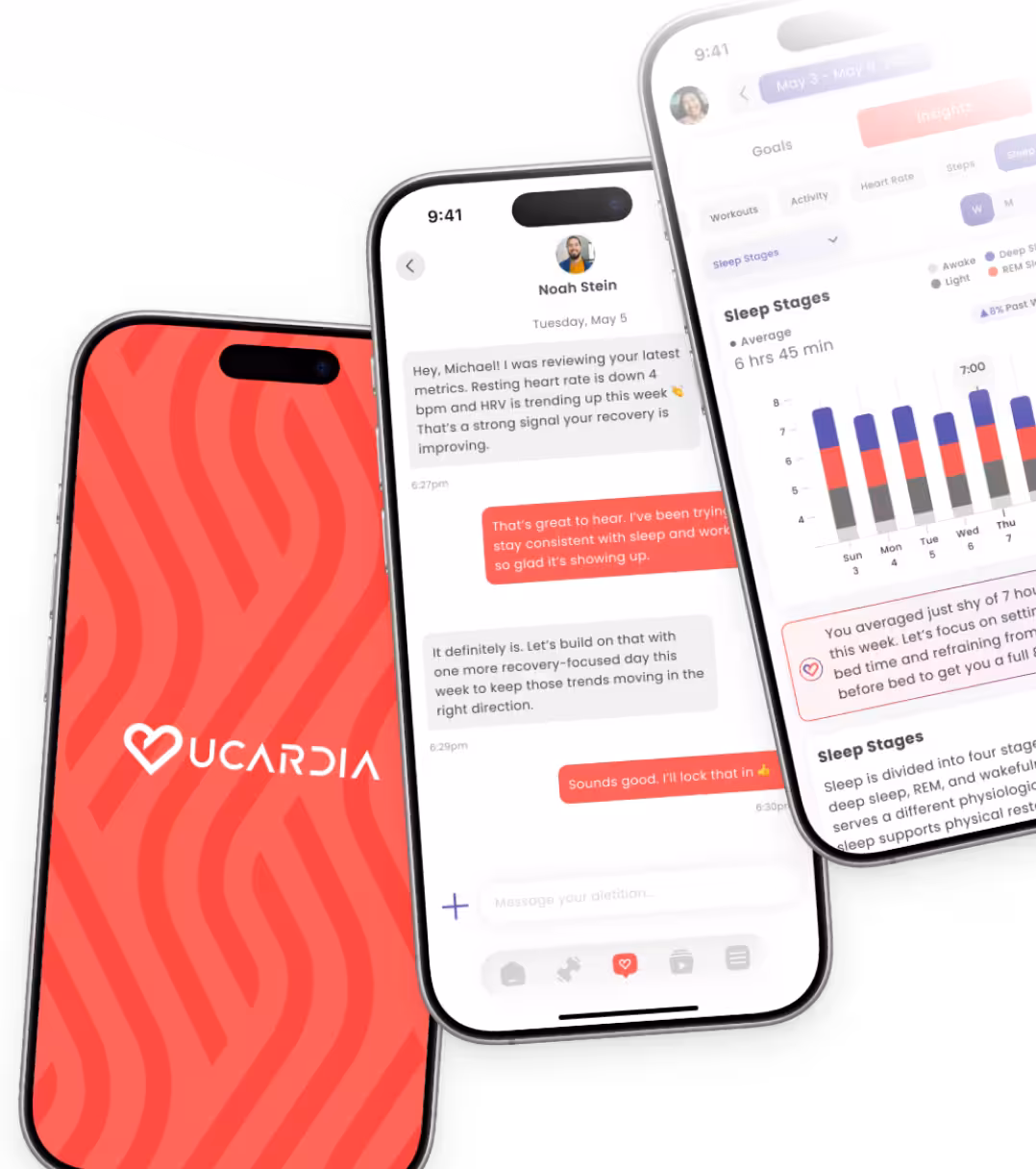 Three smartphones showing Ucardia app with a red logo screen, a chat conversation about heart rate and recovery, and a sleep stages bar chart with average sleep duration of 6 hours 45 minutes.