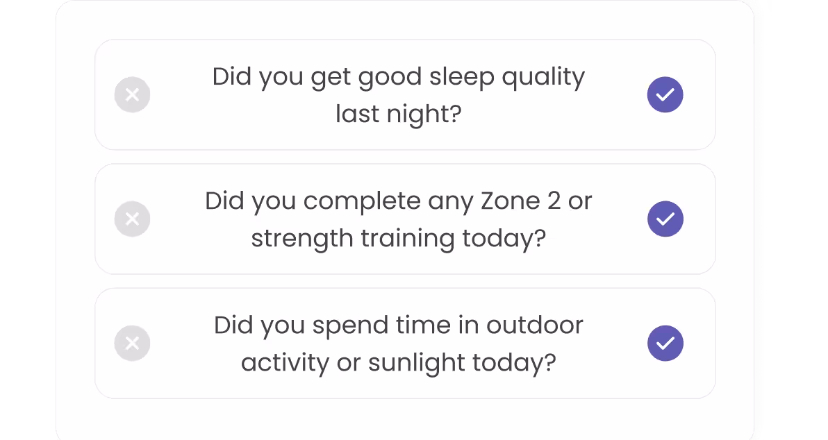 Checklist with three health-related questions each marked with a purple check: good sleep quality last night, completion of Zone 2 or strength training today, and time spent outdoors or in sunlight today.