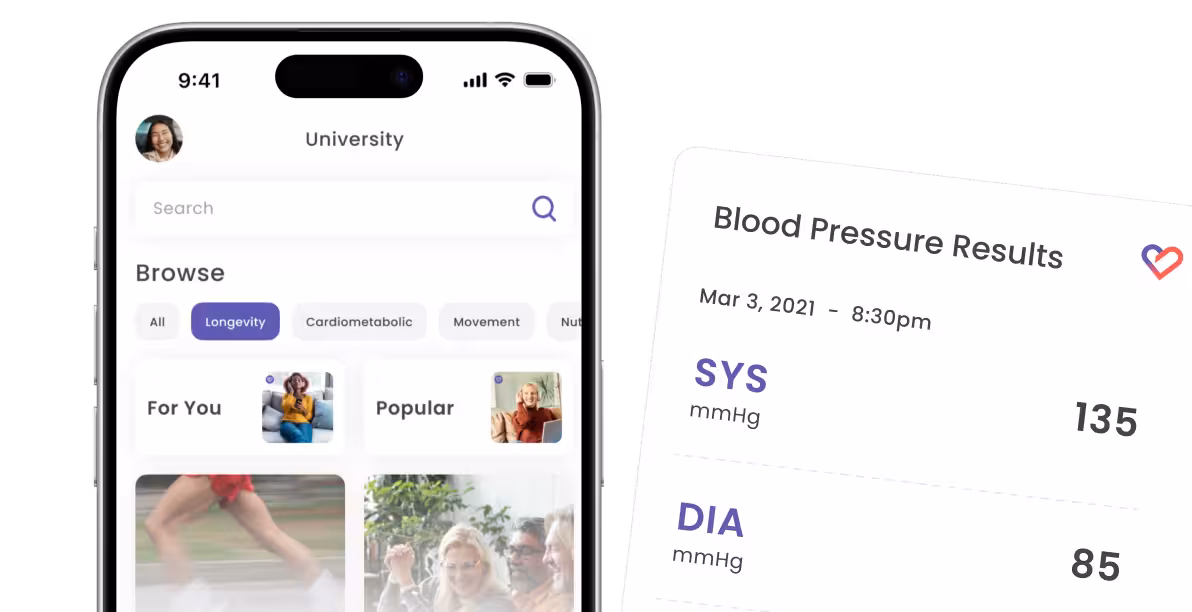 Mobile phone screen showing a university app interface with browsing options including longevity and cardiometabolic, and a partial screen displaying blood pressure results with SYS 135 mmHg and DIA 85 mmHg.